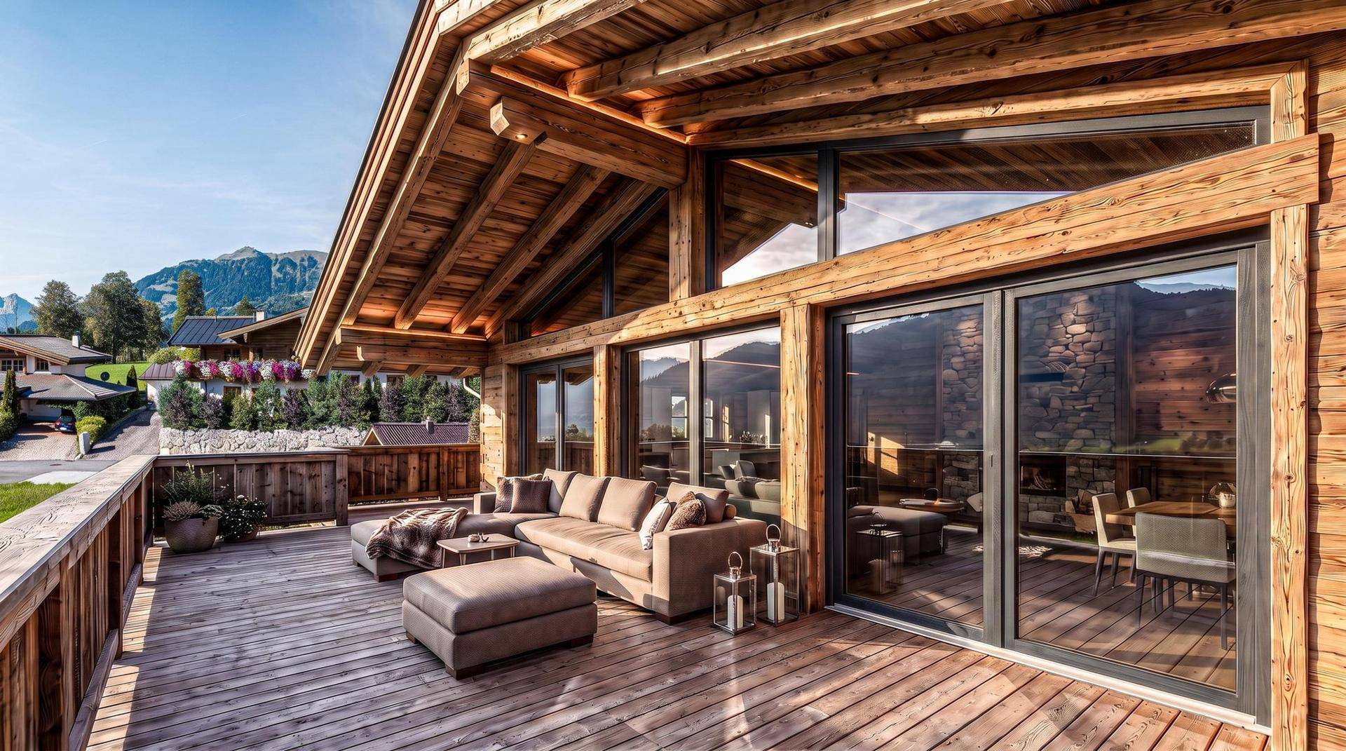 Große Holzterrasse mit Lounge-Möbeln und Panoramablick auf die umliegende Berglandschaft.