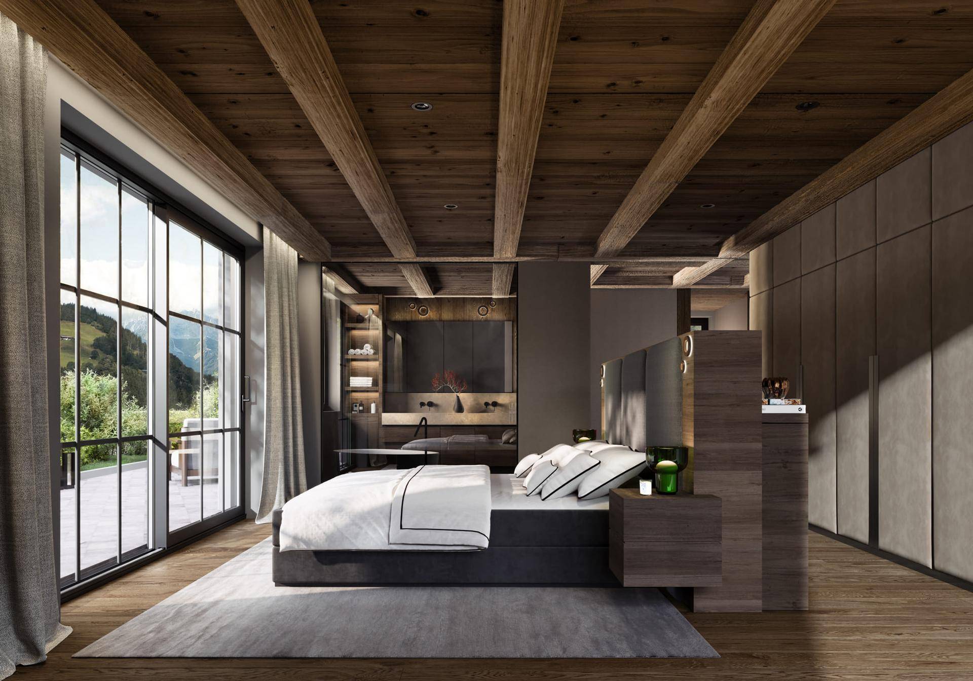 Modernes Schlafzimmer mit Holzbalkendecke, Einbauschränken und großem Fenster mit Bergblick.