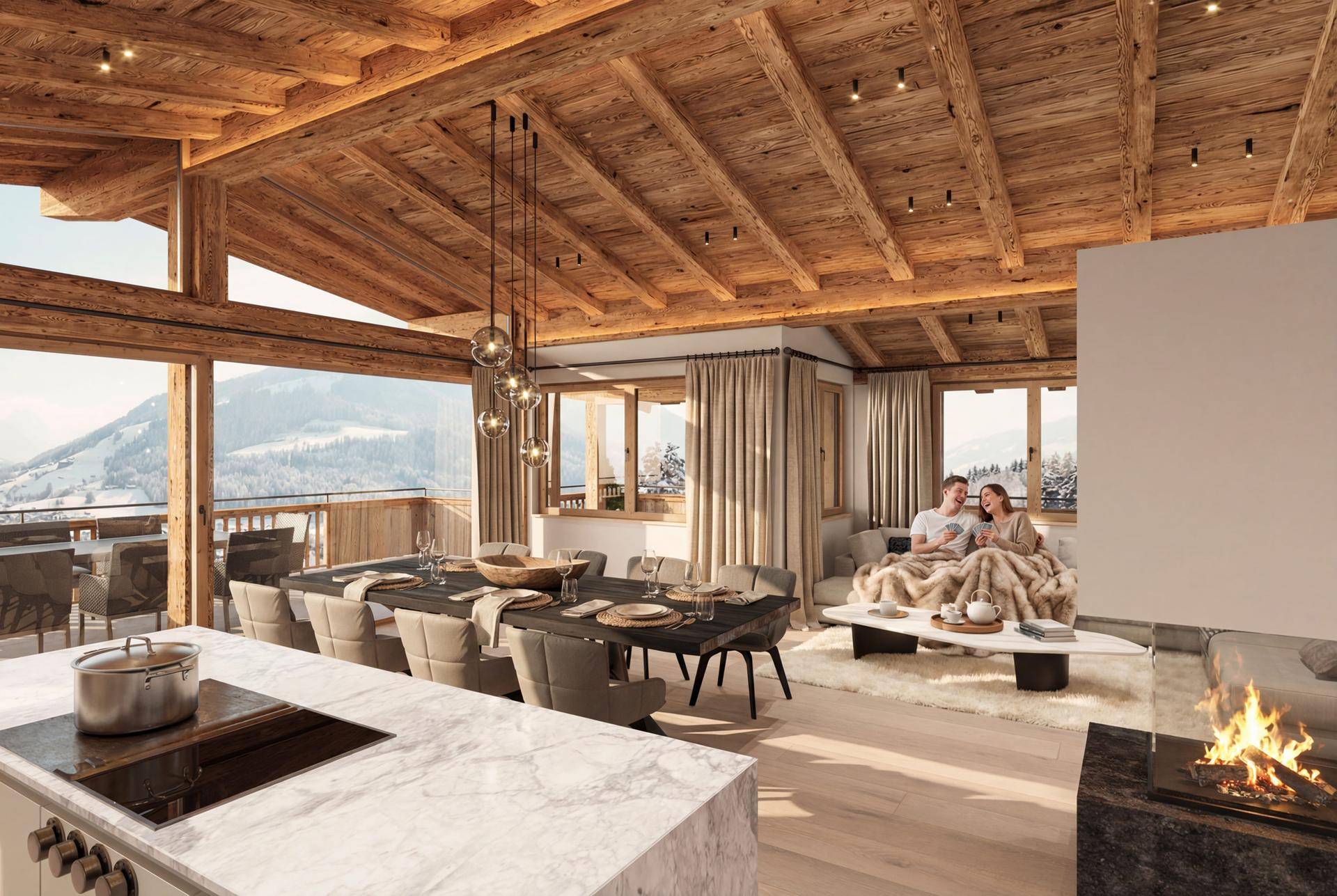 Heller Wohn-Essbereich mit offener Küche, Kamin und beeindruckendem Blick auf die Winterlandschaft.