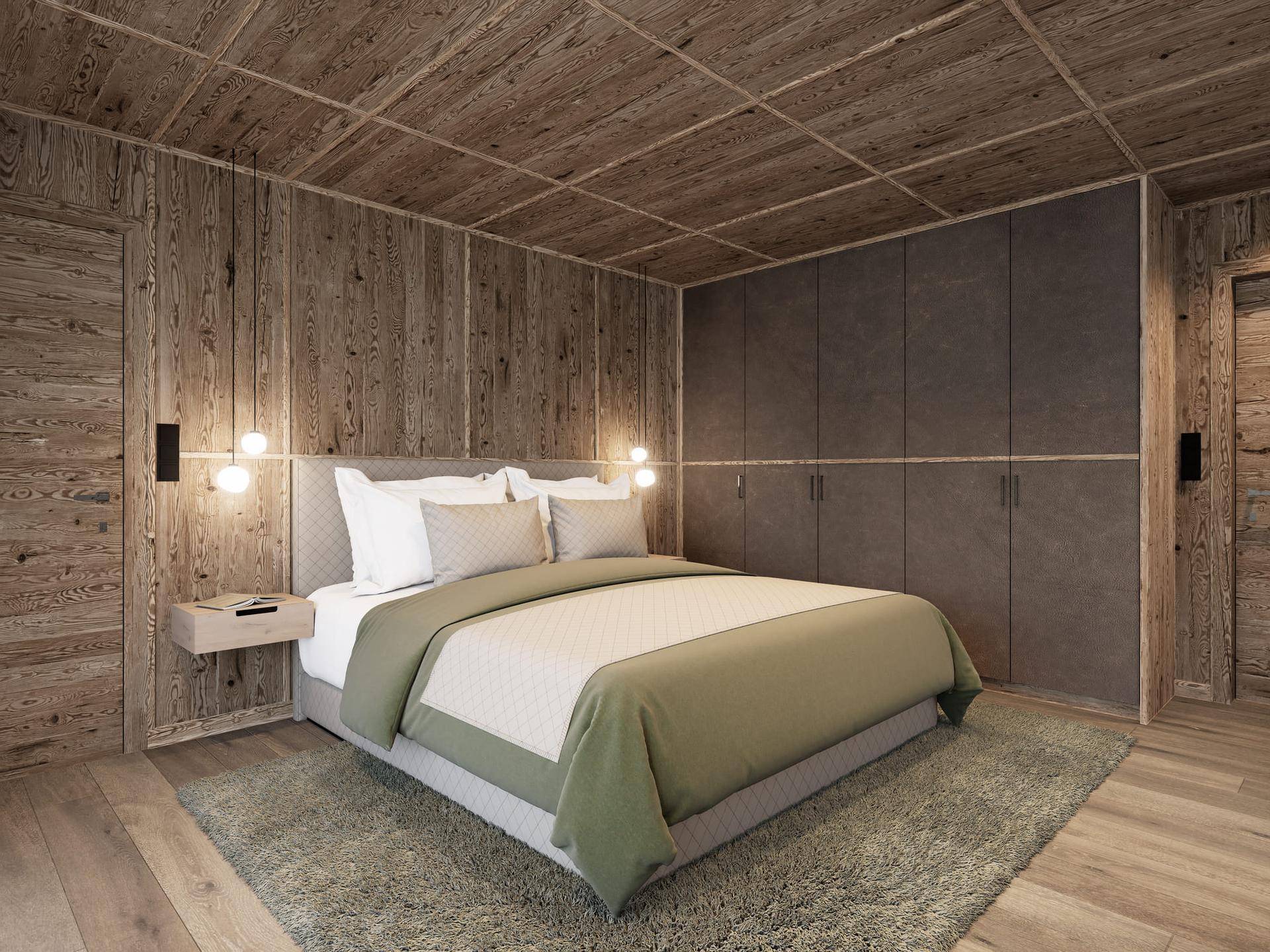 Modernes Schlafzimmer mit Holzwänden, Holzbalkendecke und integrierten Kleiderschränken.