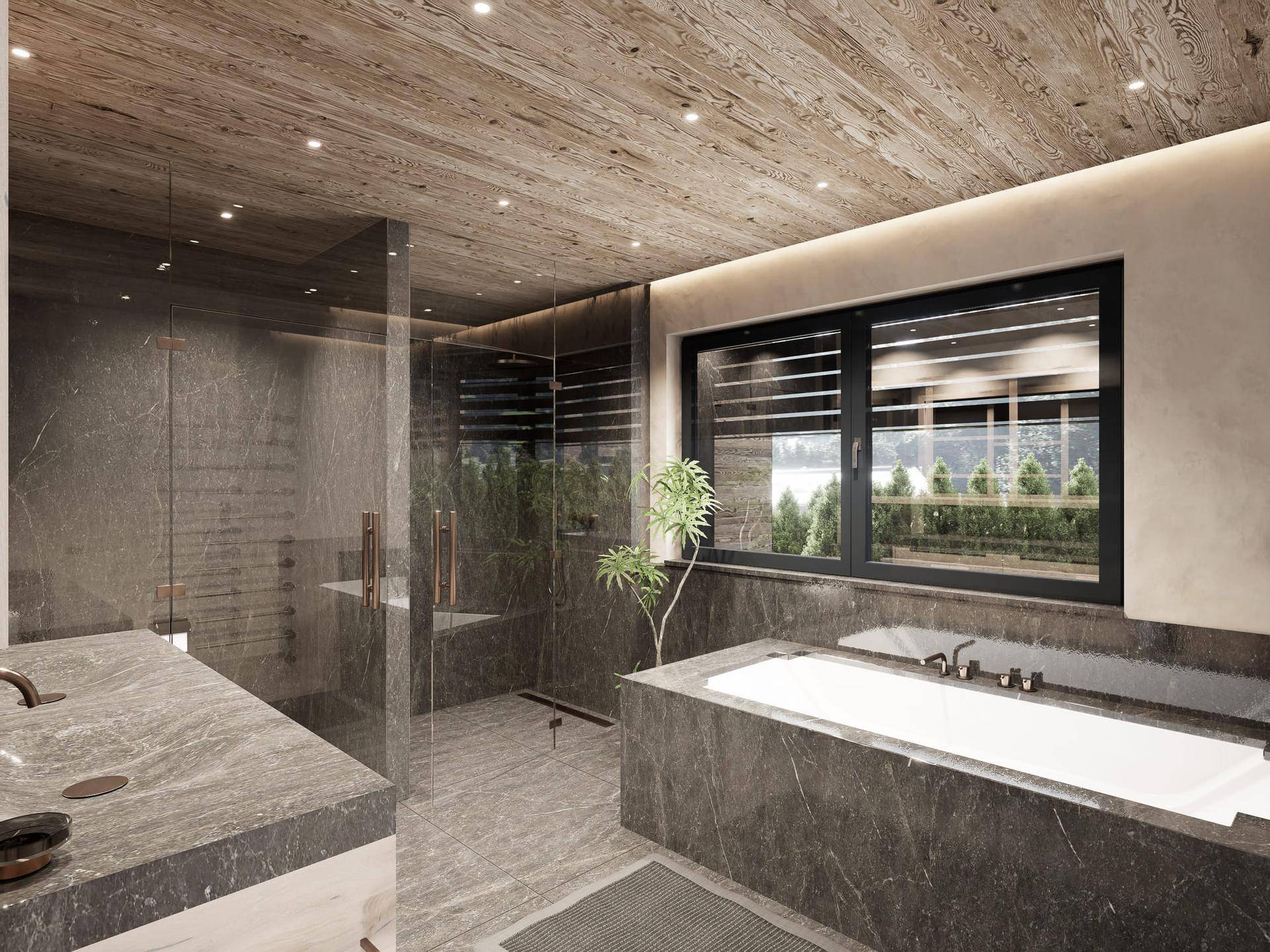Luxuriöses Badezimmer mit großer Badewanne, begehbarer Dusche und Fenster mit Ausblick.