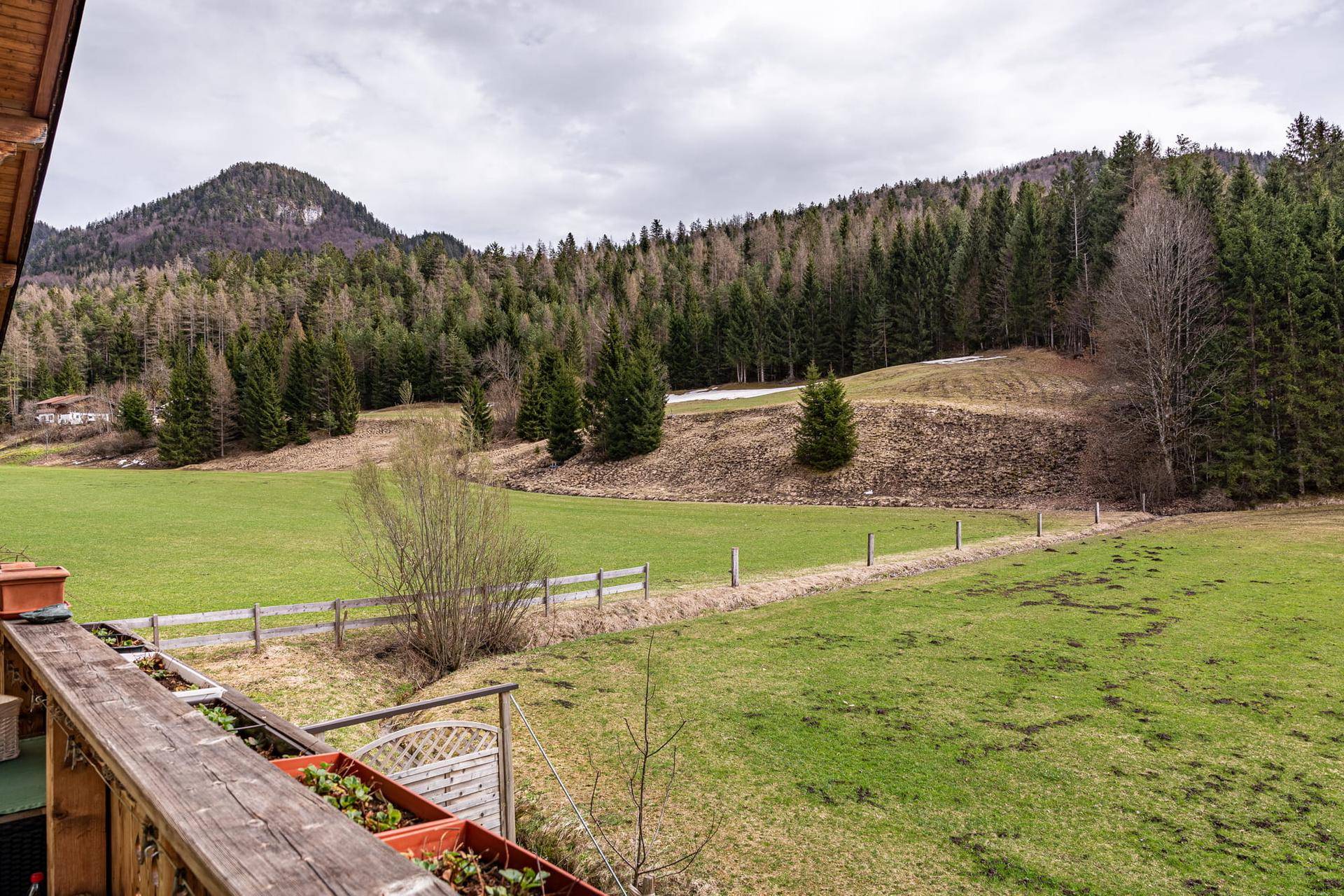 Weitläufige grüne Wiesen und bewaldete Berge unter bewölktem Himmel.