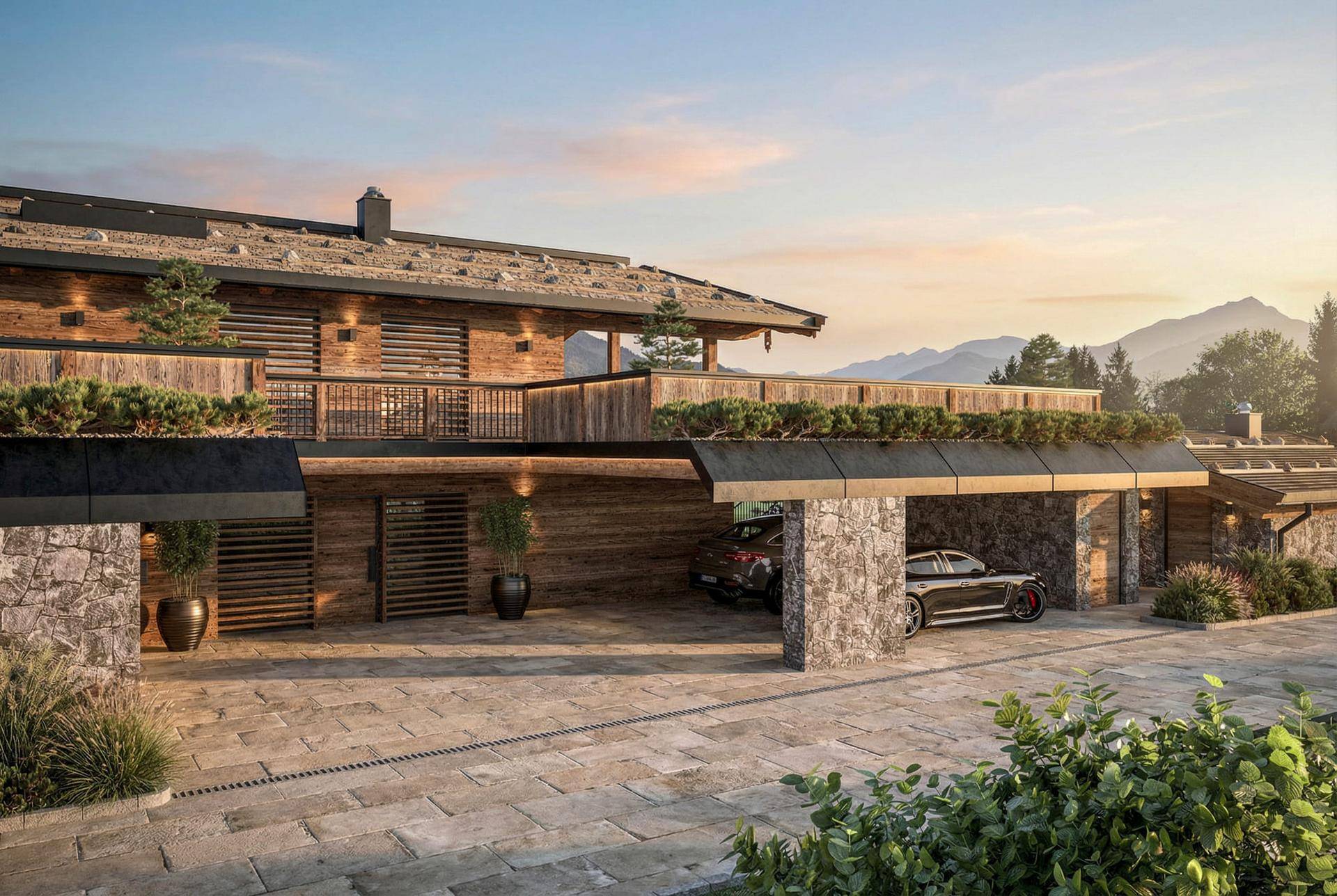 Eingangsbereich des Chalets mit Steinfassade, Holzverkleidung und überdachtem Carport für mehrere Fahrzeuge.