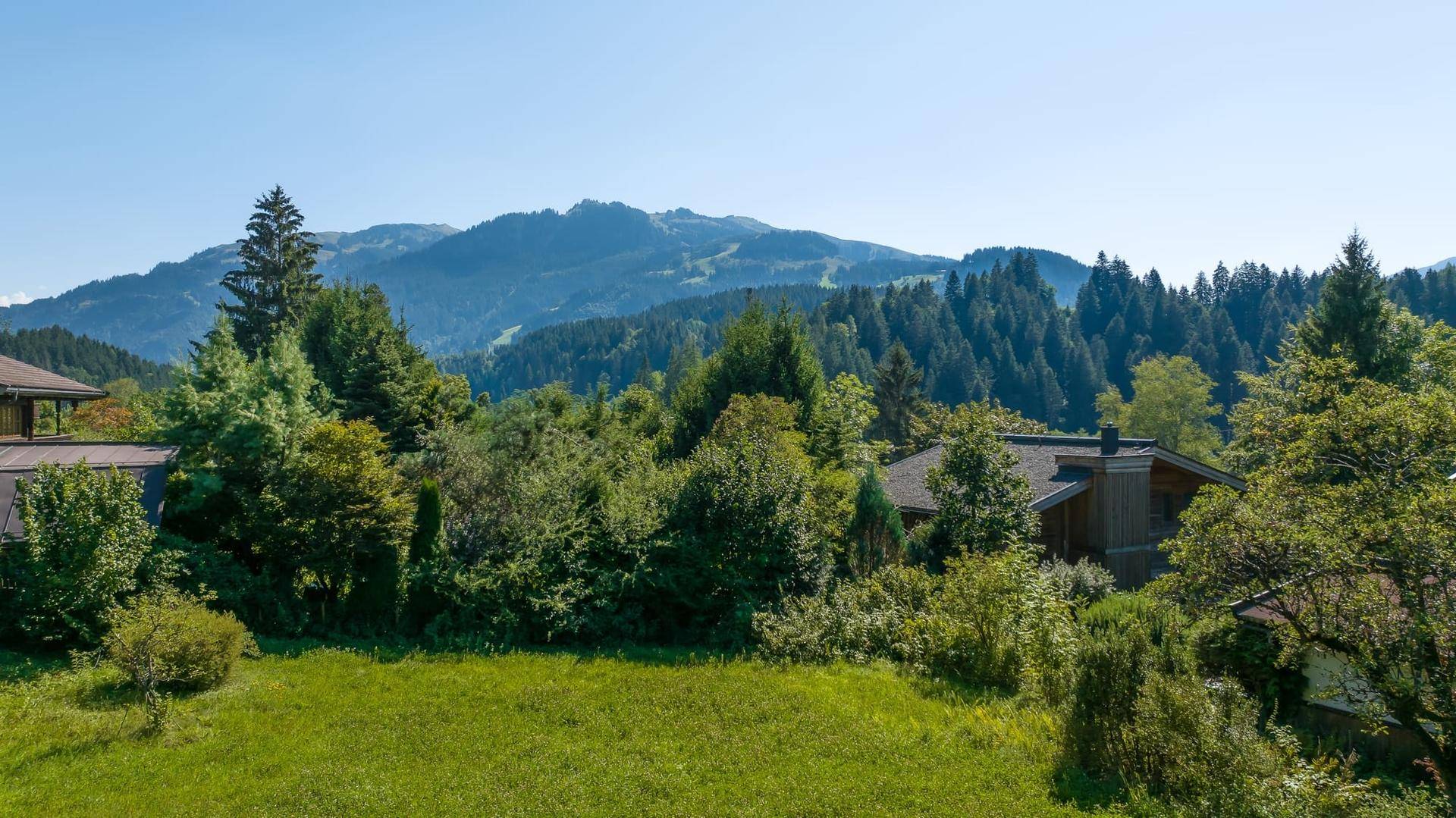 Weitläufige grüne Wiese mit vereinzelten Häusern und dichten Wäldern vor einer Bergkulisse.