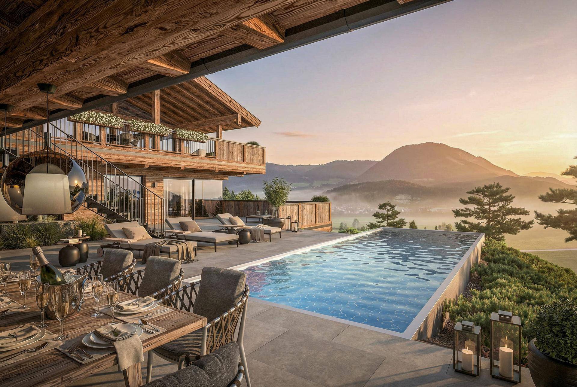 Großzügiger Außenbereich mit Infinity-Pool, Essbereich und atemberaubendem Panoramablick auf die Berge.