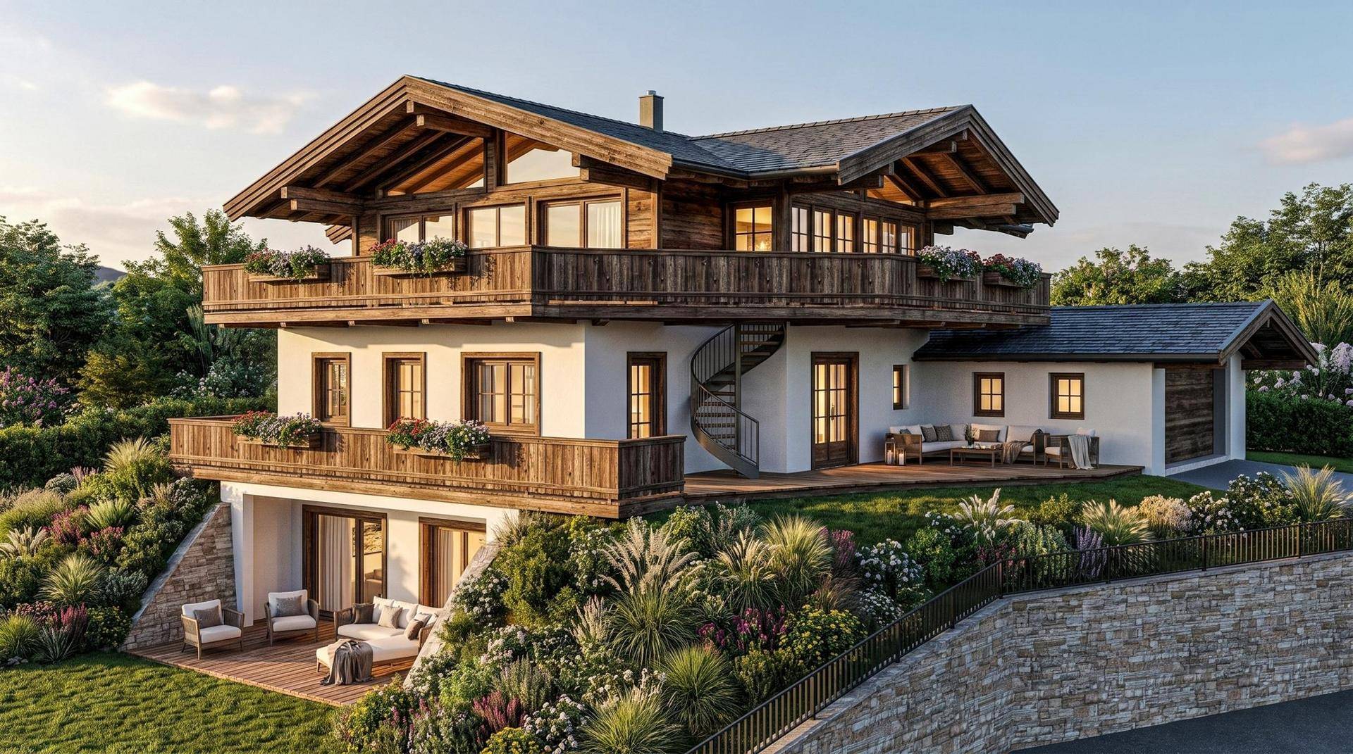 Luxuriöses Chalet mit mehreren Balkonen, Holzfassade und gepflegtem Garten in alpiner Umgebung.