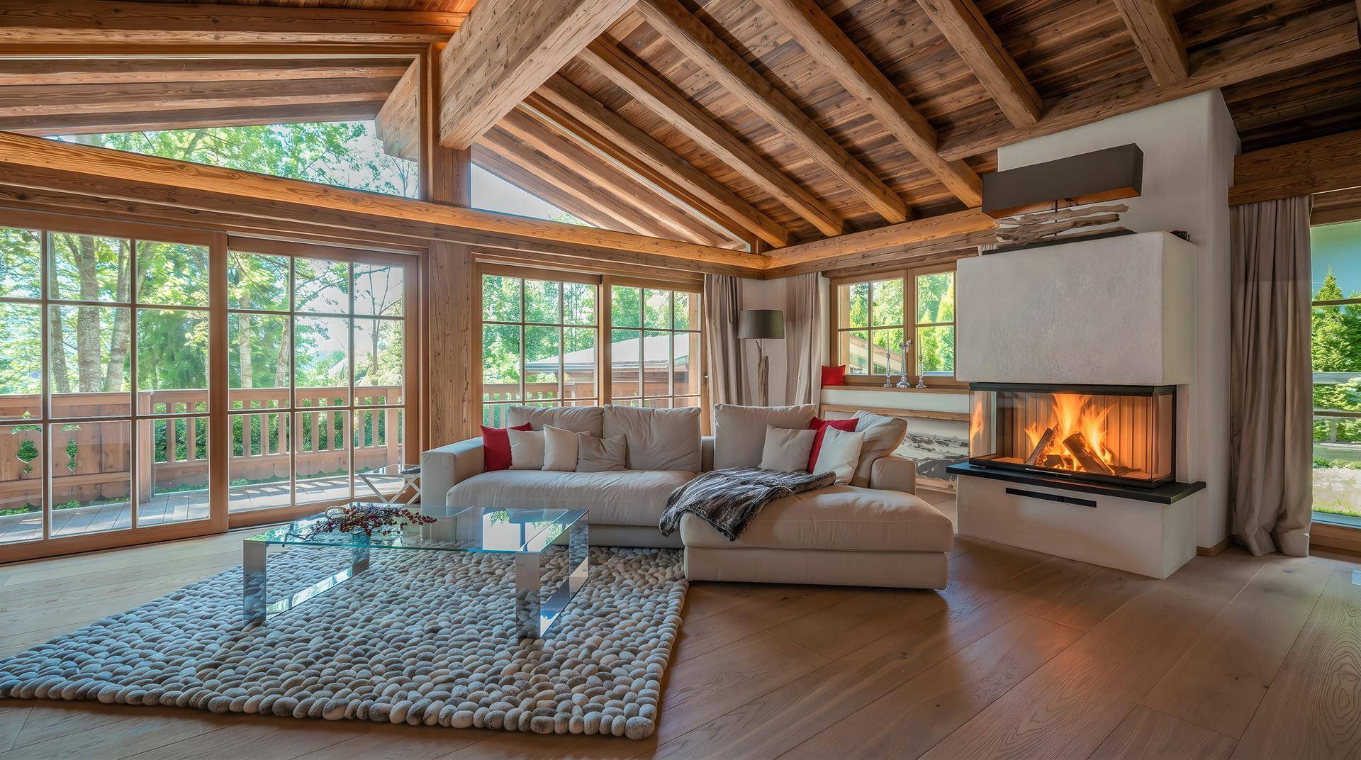Helles Wohnzimmer mit großem Sofa, modernem Kamin und Zugang zu einem Balkon mit Waldblick.