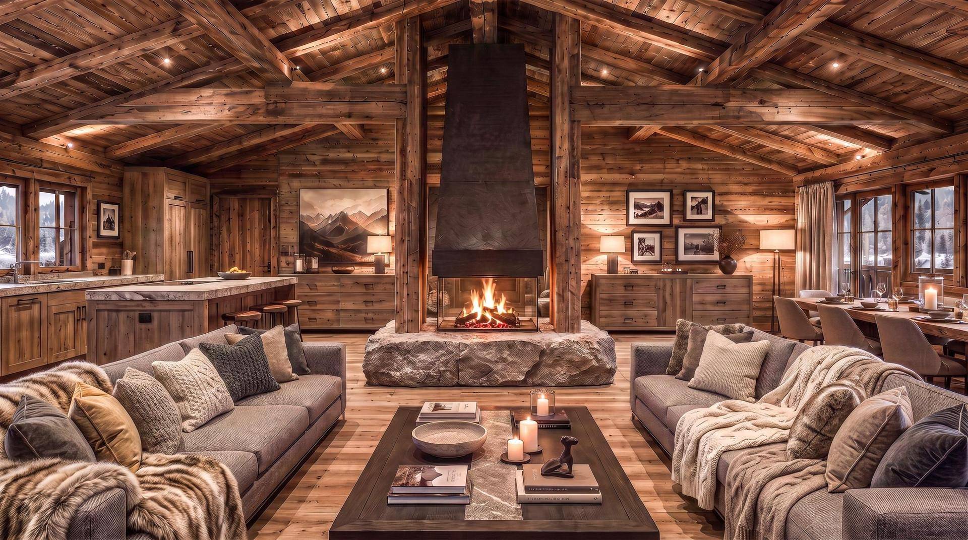 Rustikaler Wohn- und Essbereich mit Holzbalkendecke, großem Kamin und gemütlichen Sofas.