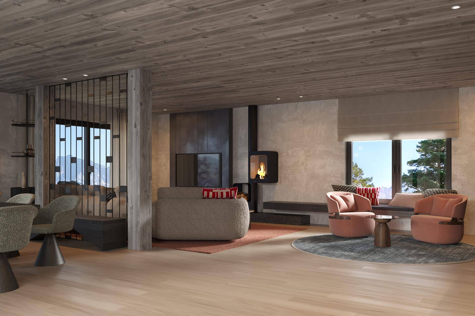 Gemütliches Wohnzimmer mit Holzbalkendecke, modernem Kamin und Blick auf die Berge.