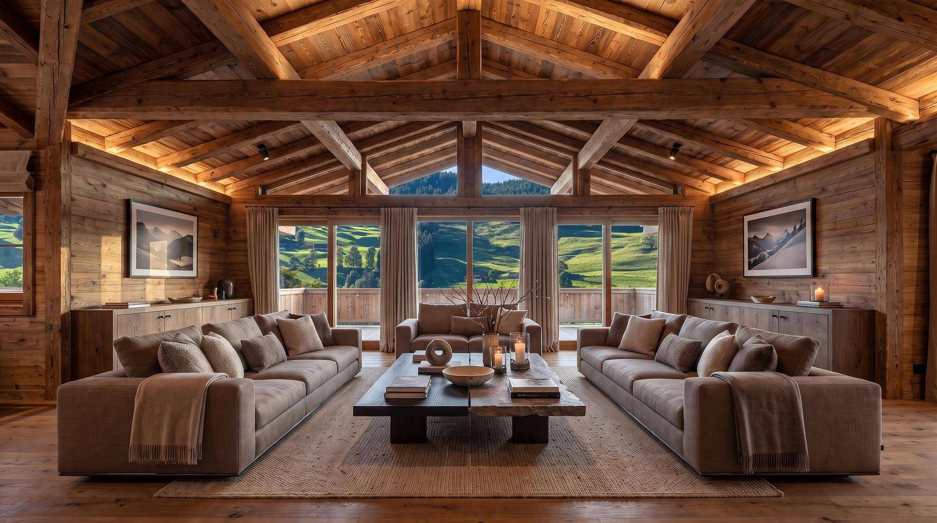 Großzügiges Wohnzimmer mit Holzbalkendecke, bequemen Sofas und weitem Blick auf die Berge.