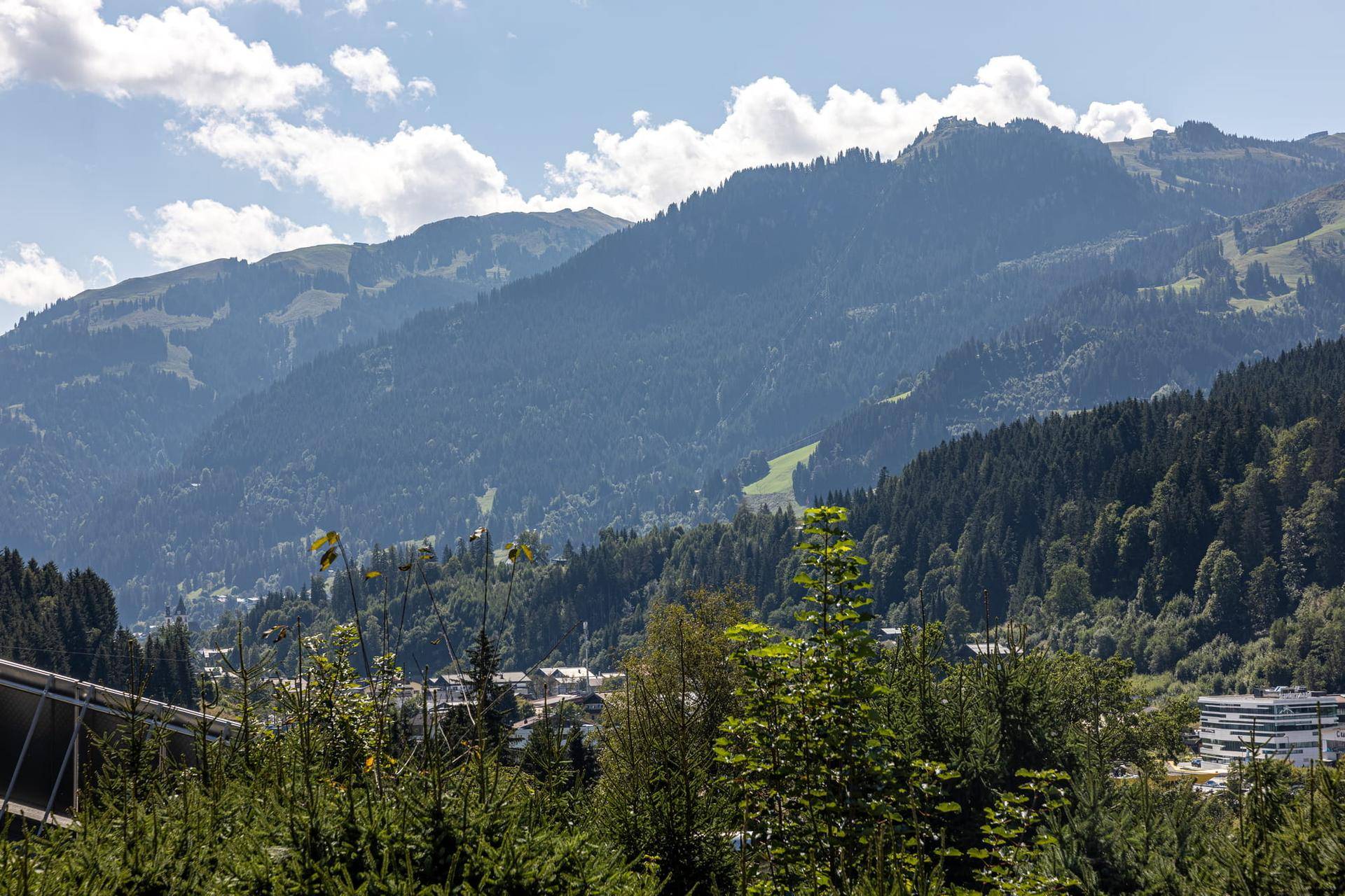 Panoramablick auf die umliegende Berglandschaft mit bewaldeten Hängen und einem Tal.