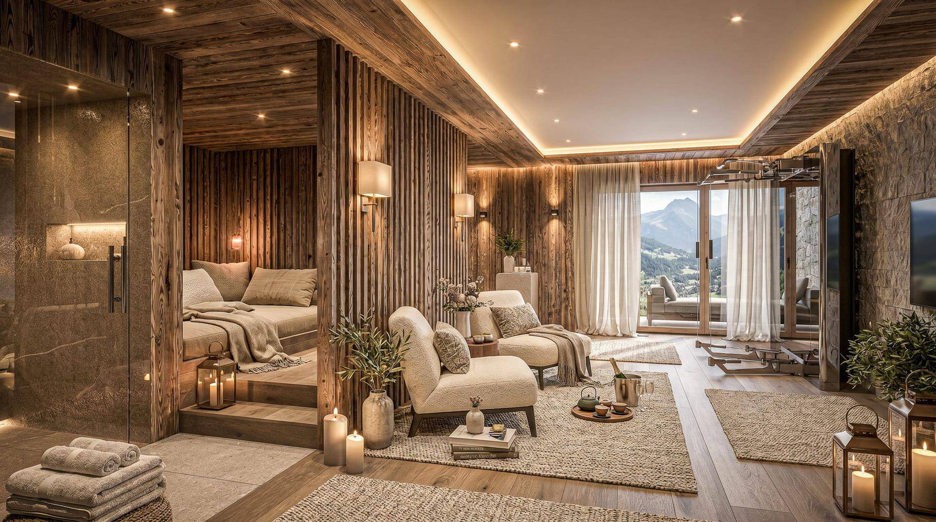 Exklusiver Wellnessbereich mit Ruhezone, Fitnessgeräten und Zugang zu einem Balkon mit Bergblick.