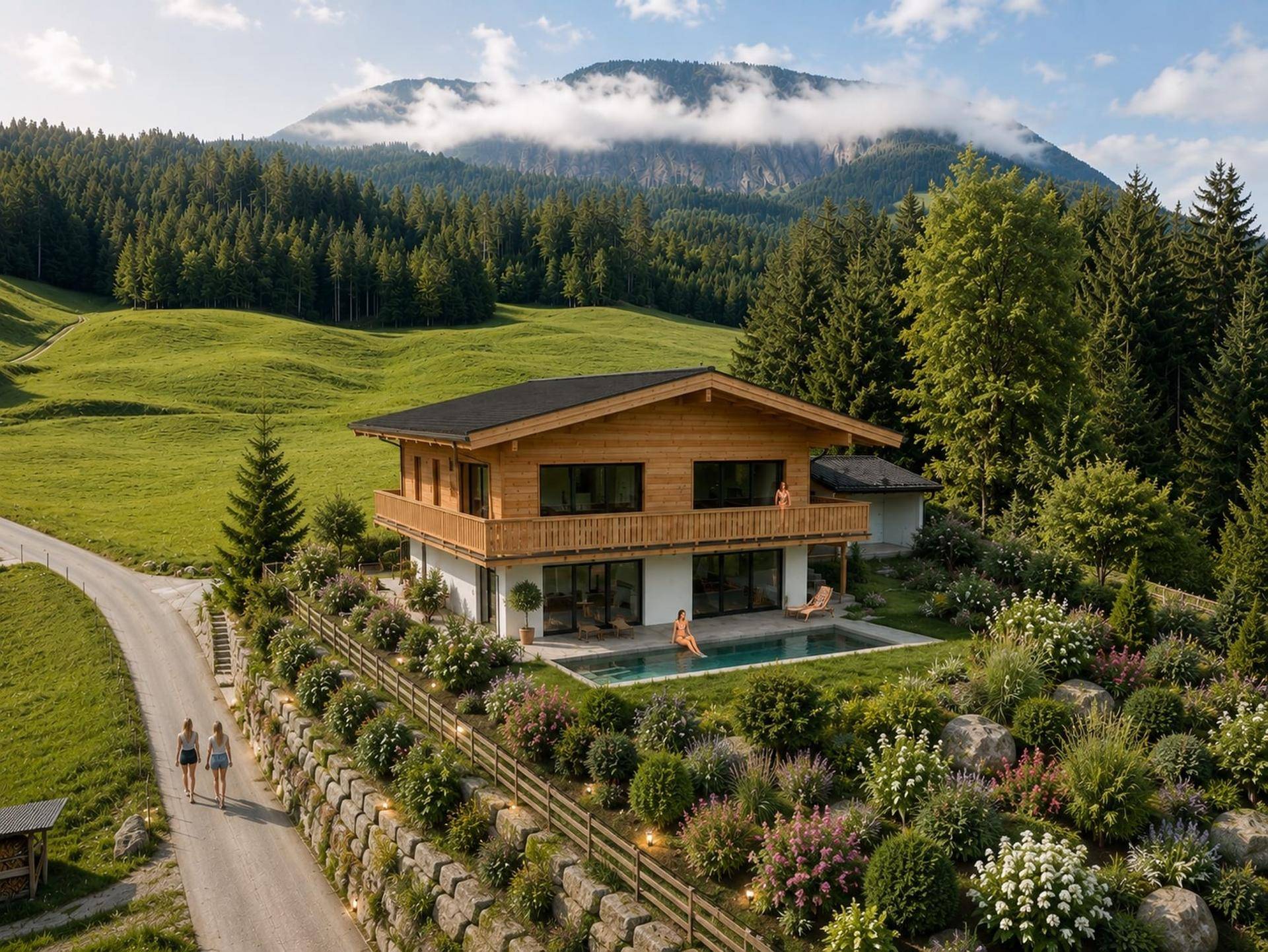 Luxuriöses Holzhaus mit Pool und Balkon, umgeben von einem gepflegten Garten und einer atemberaubenden Bergkulisse.