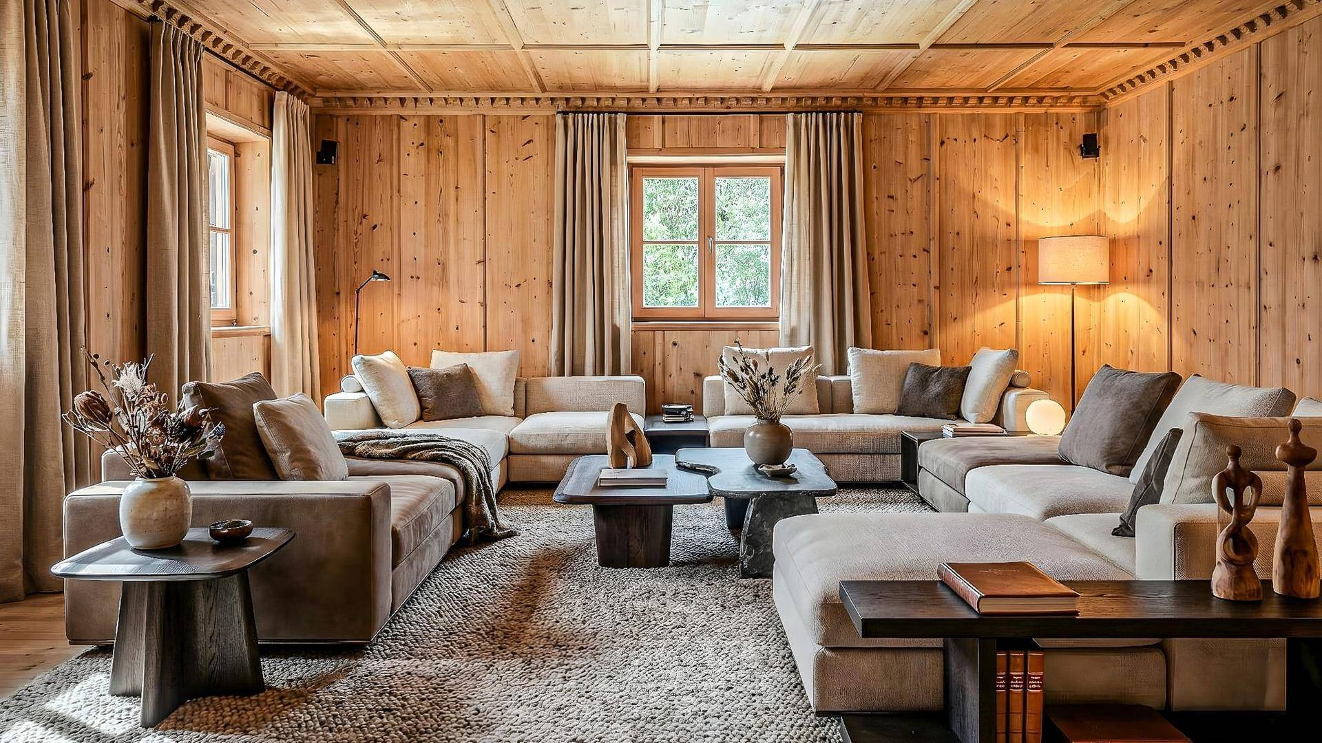 Gemütliches Wohnzimmer im alpinen Stil mit viel Holz, bequemen Sofas und warmem Licht.
