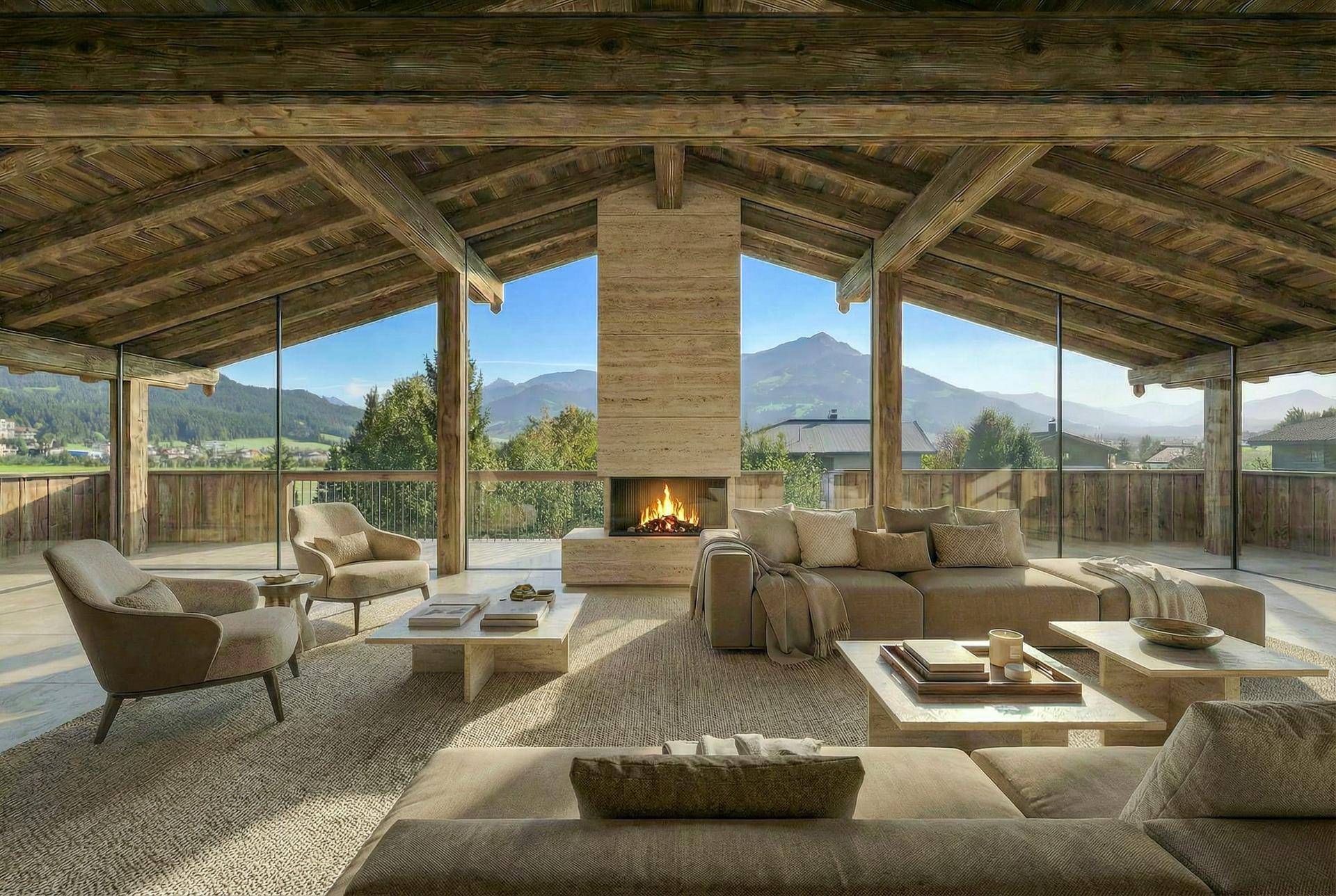Geräumiges Wohnzimmer mit modernem Kamin, hohen Decken und raumhohen Fenstern mit Bergblick.