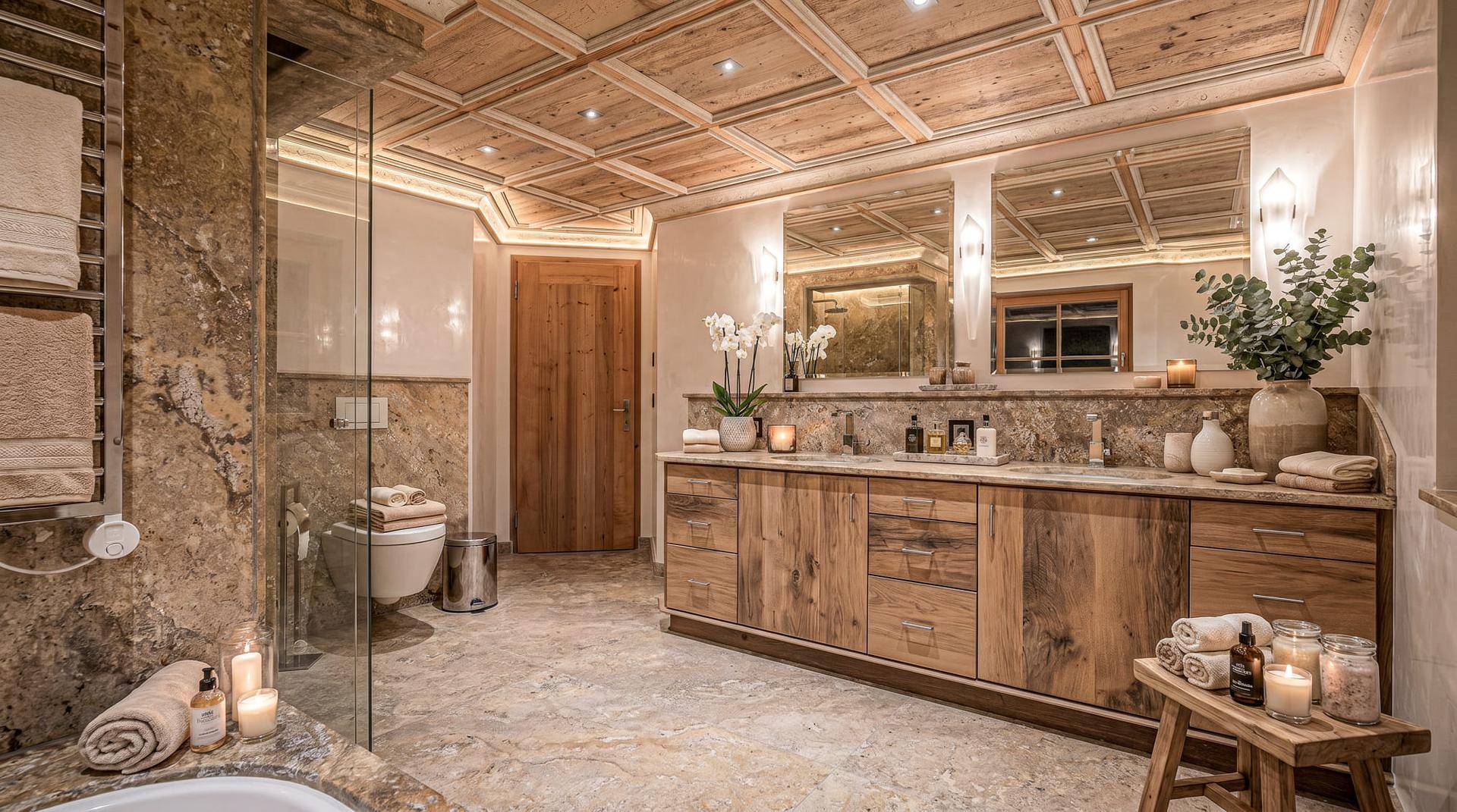 Luxuriöses Badezimmer mit Marmoroberflächen, Doppelwaschbecken und einer geräumigen begehbaren Dusche.