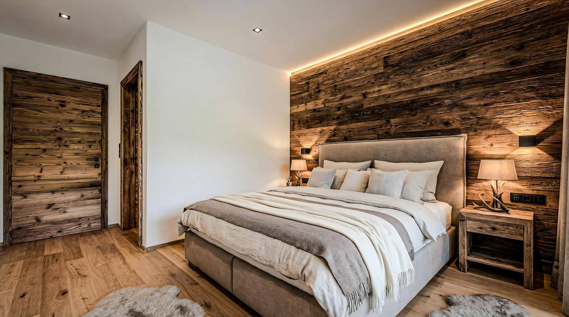 Elegantes Schlafzimmer mit Holzwand, Holzboden und indirekter Beleuchtung für eine warme Atmosphäre.
