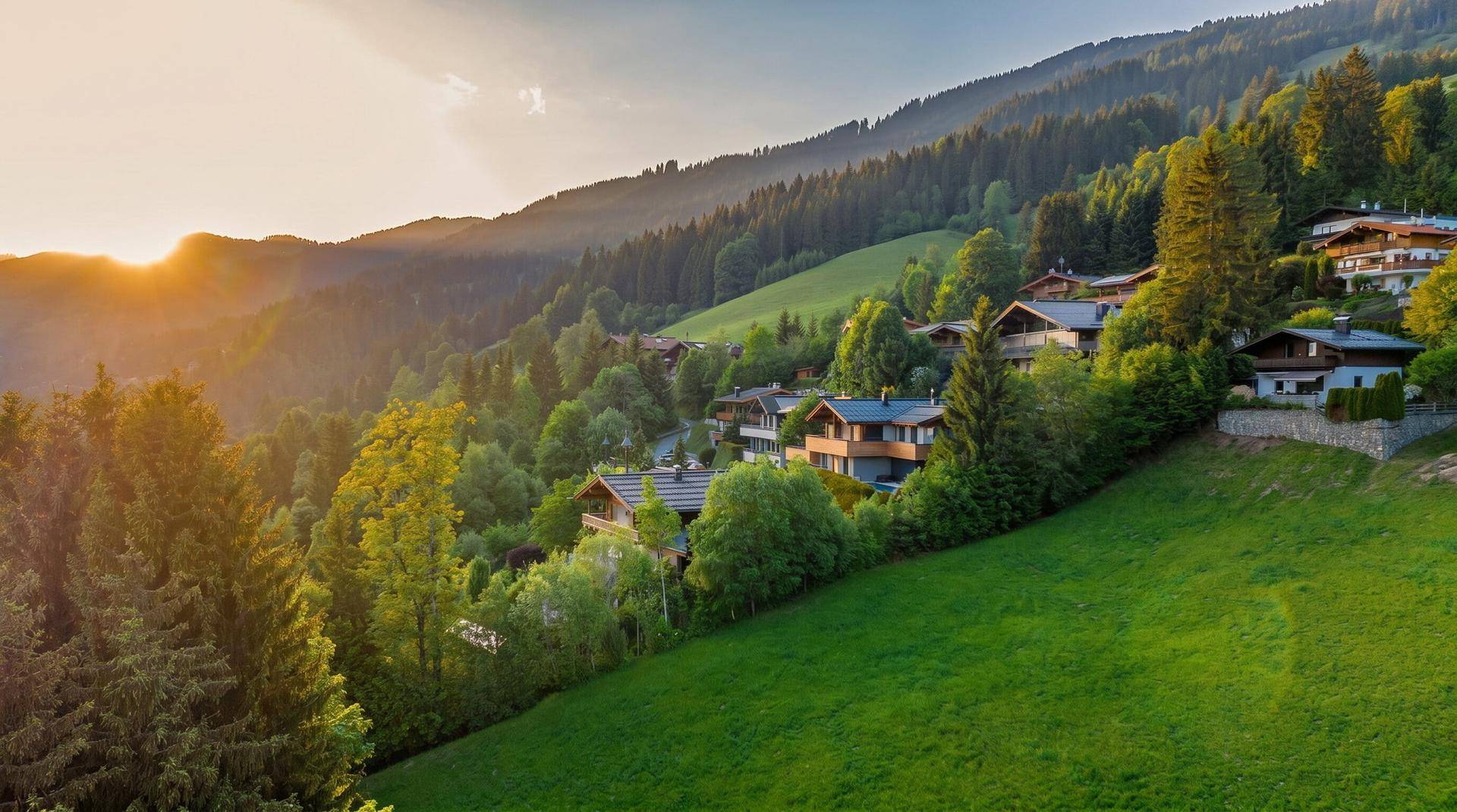 Weitläufiger Blick auf eine Siedlung von Häusern in einer bewaldeten Berglandschaft bei Sonnenuntergang.