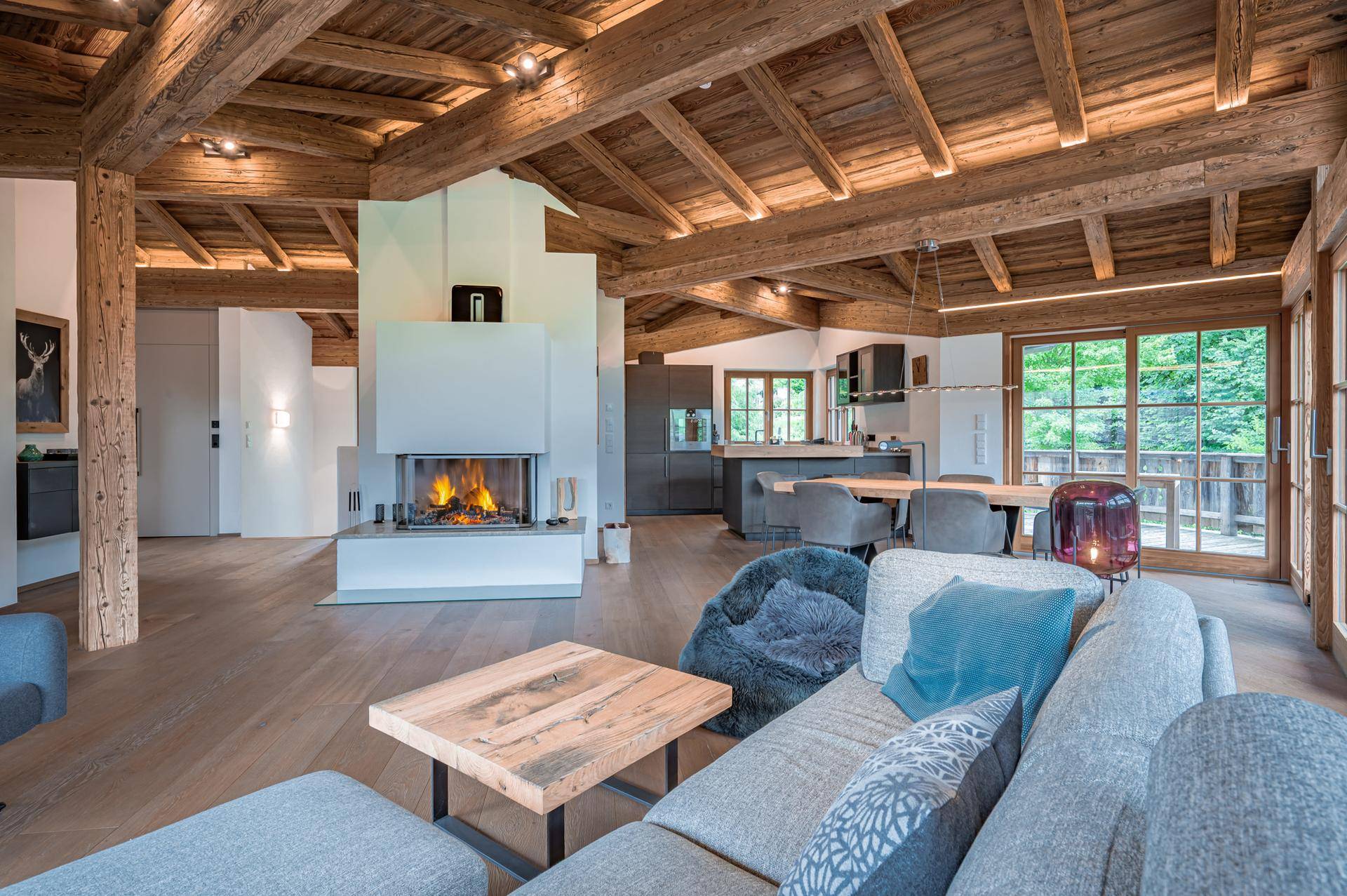Offener Wohnbereich mit modernem Kamin, sichtbaren Holzbalken und Zugang zur Terrasse.
