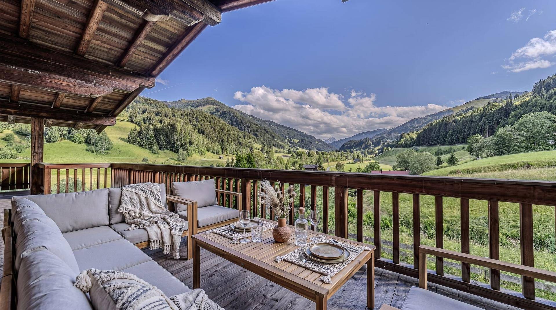 Geräumiger Balkon mit bequemen Outdoor-Möbeln und atemberaubendem Blick auf die umliegenden Berge.