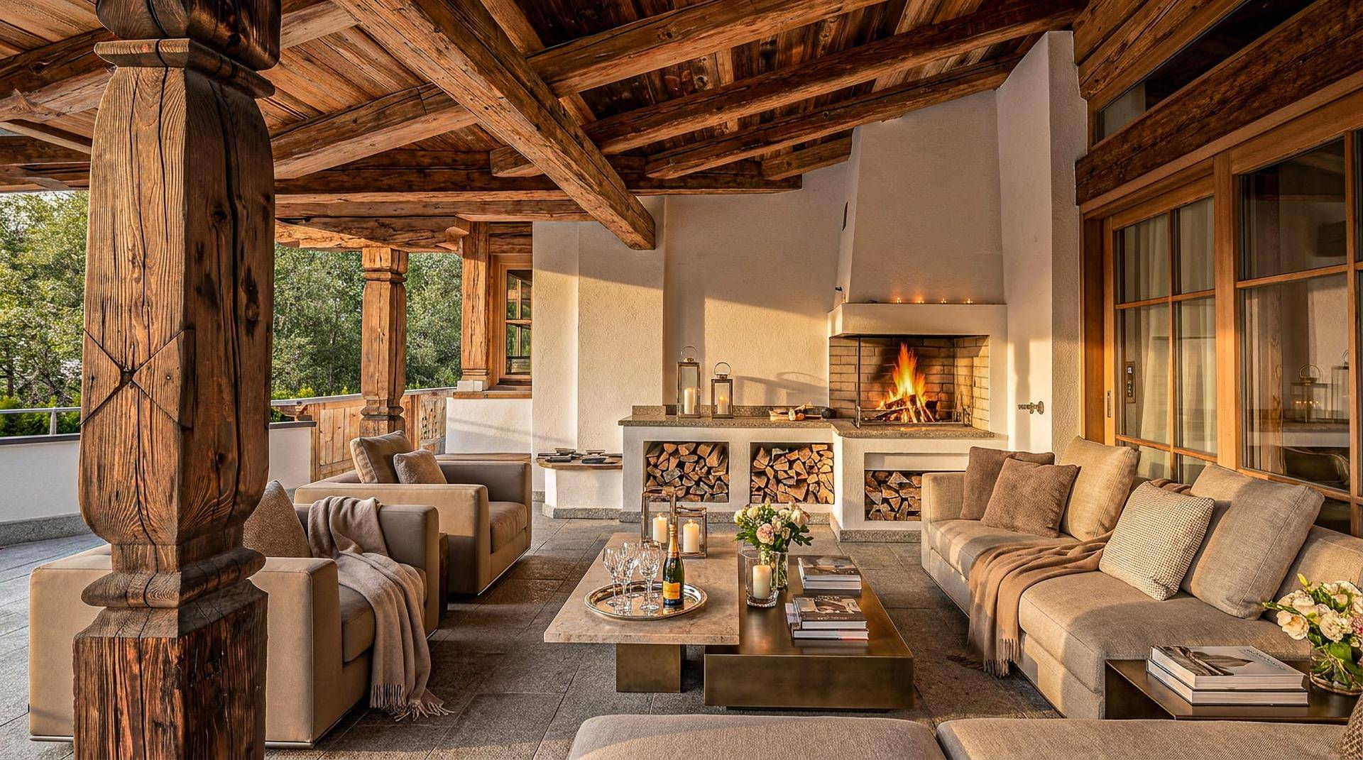 Gemütliche überdachte Terrasse mit großem Kamin, bequemen Sofas und rustikalen Holzbalken für entspannte Abende.