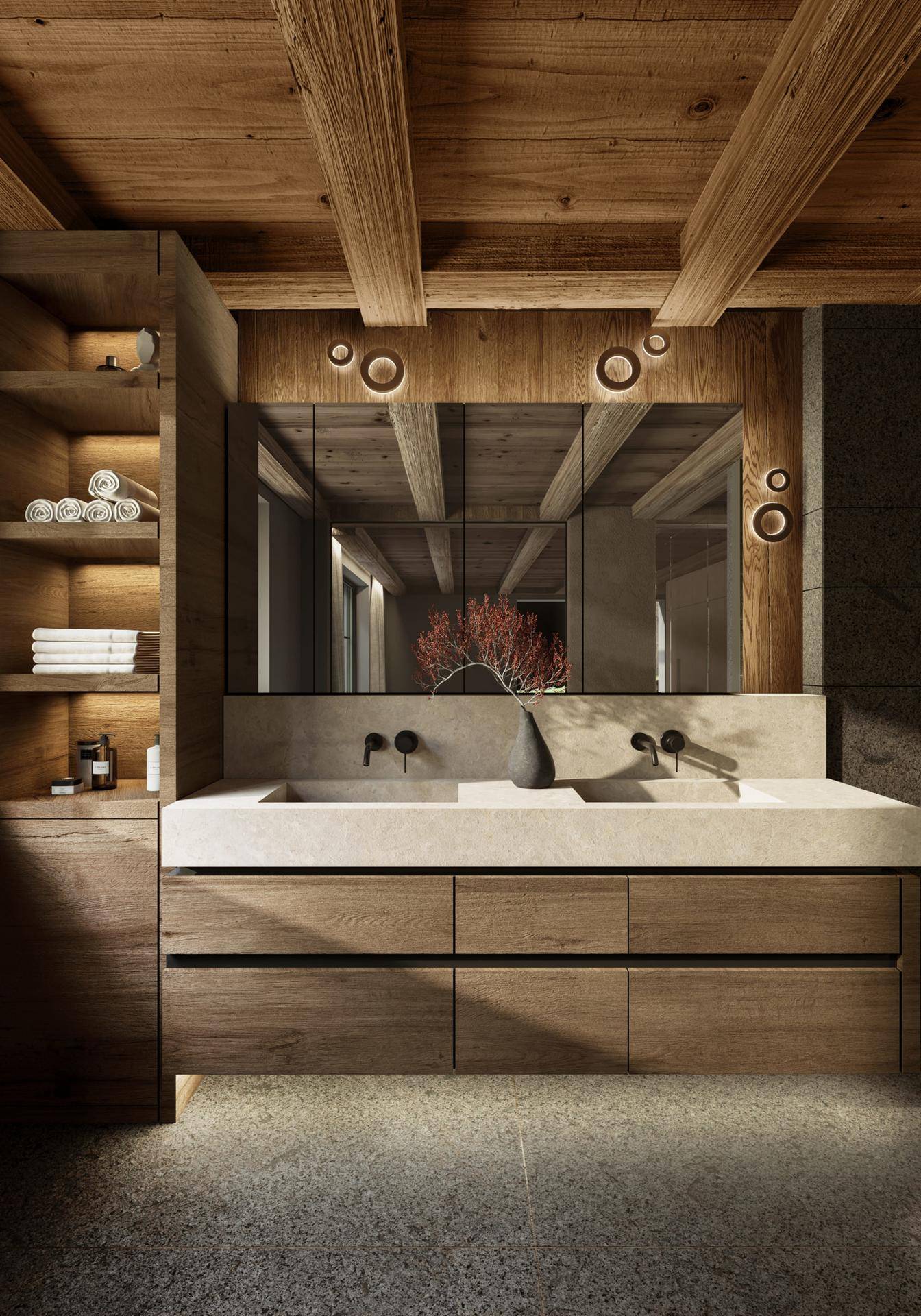 Luxuriöses Badezimmer mit Doppelwaschbecken, Holzmöbeln und einem praktischen Spiegelschrank.