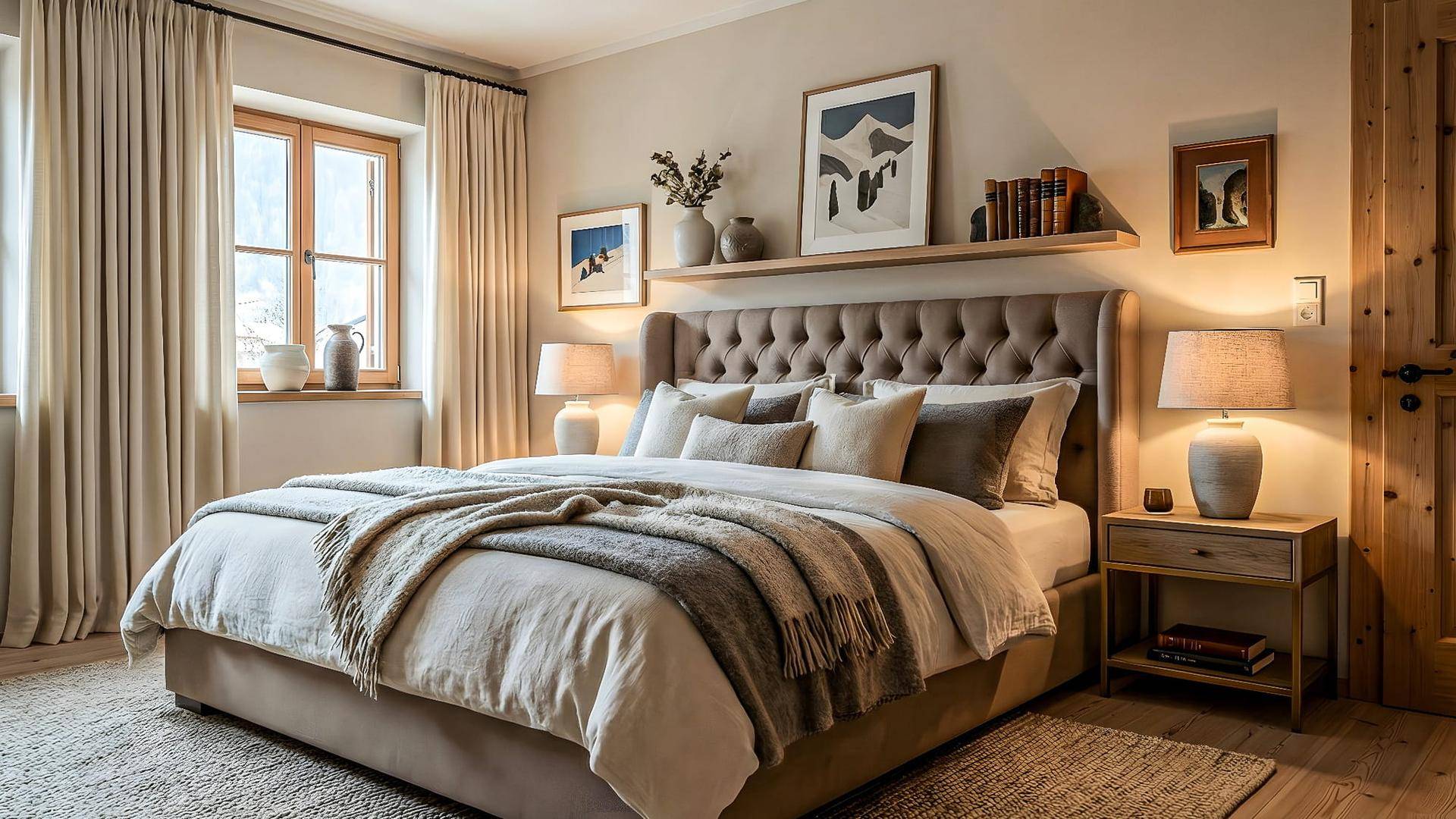 Helles Schlafzimmer mit großem Doppelbett, beiger Einrichtung und Holzakzenten.