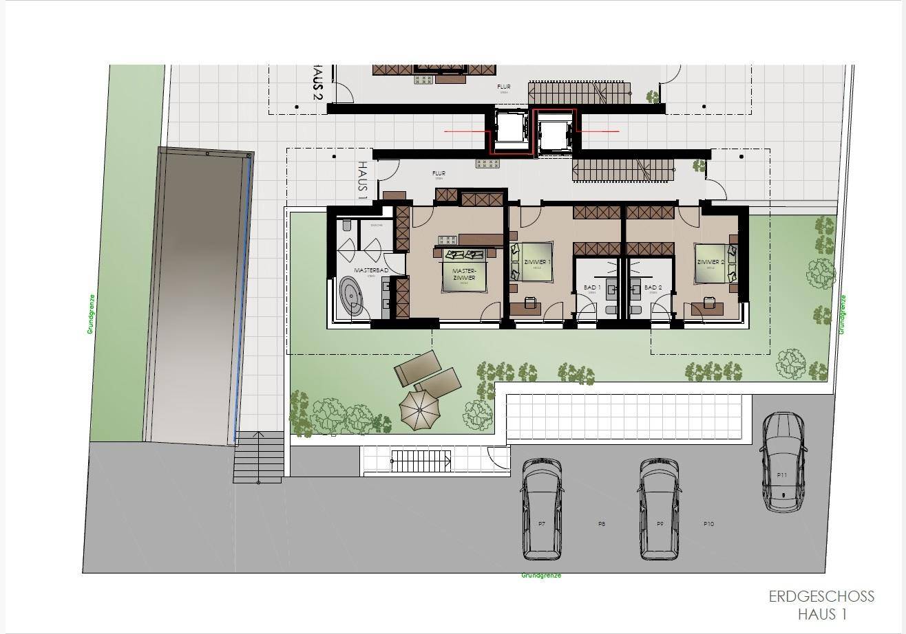 Grundriss des Erdgeschosses mit Schlafzimmern, Bädern und Zugang zu Garten und Parkplätzen.