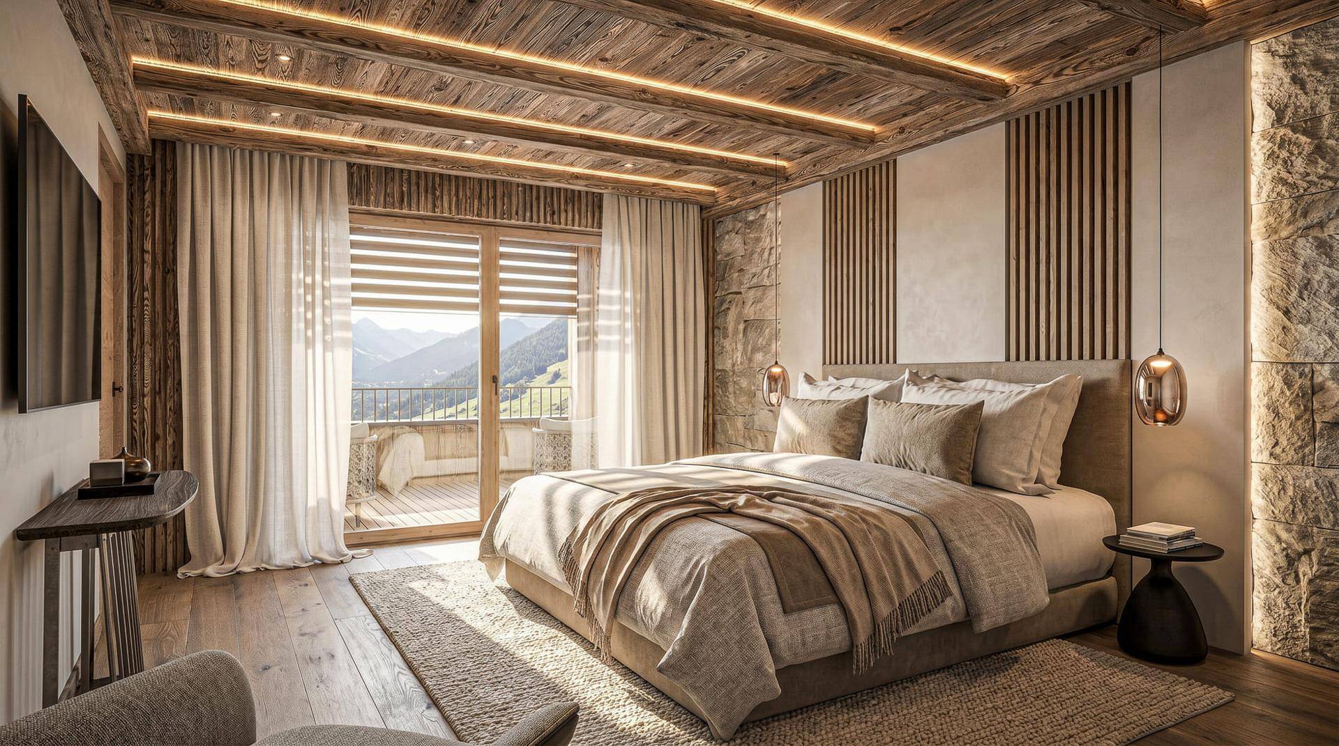 Gemütliches Schlafzimmer im alpinen Stil mit Holzelementen, Balkonzugang und Panoramablick auf die Berge.