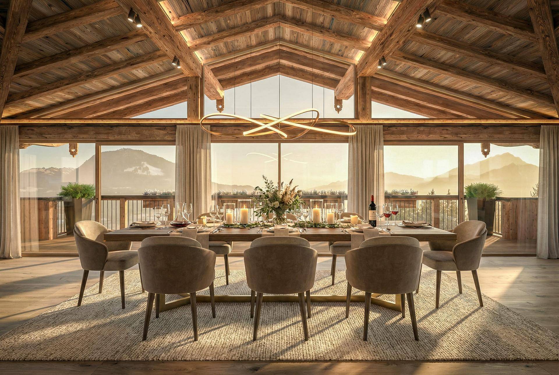 Eleganter Essbereich mit großem Holztisch, hohen Decken und weitem Bergblick durch Panoramafenster.
