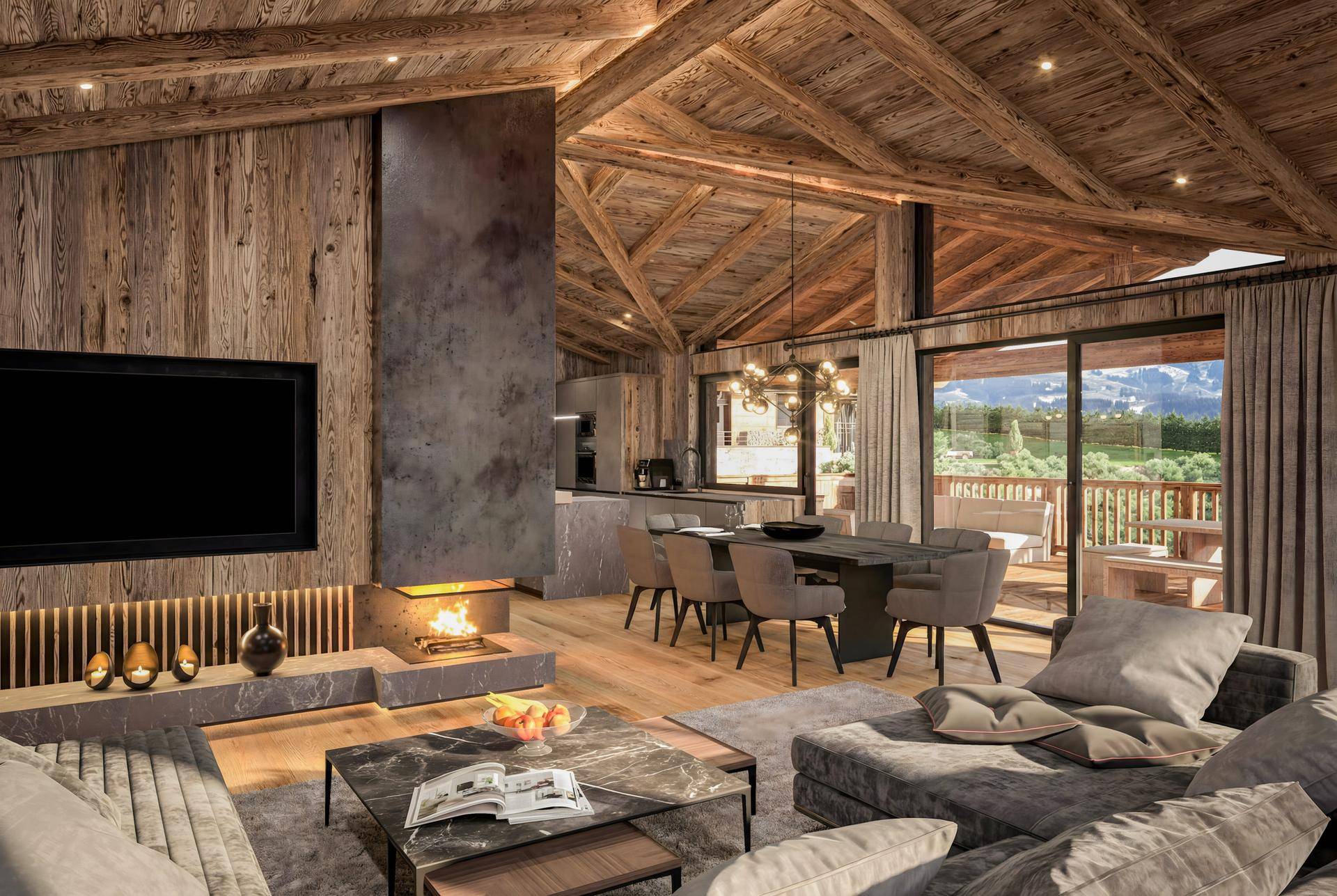 Eleganter Wohn- und Essbereich mit modernem Kamin, Holzwänden und Zugang zu einem Balkon mit Aussicht.
