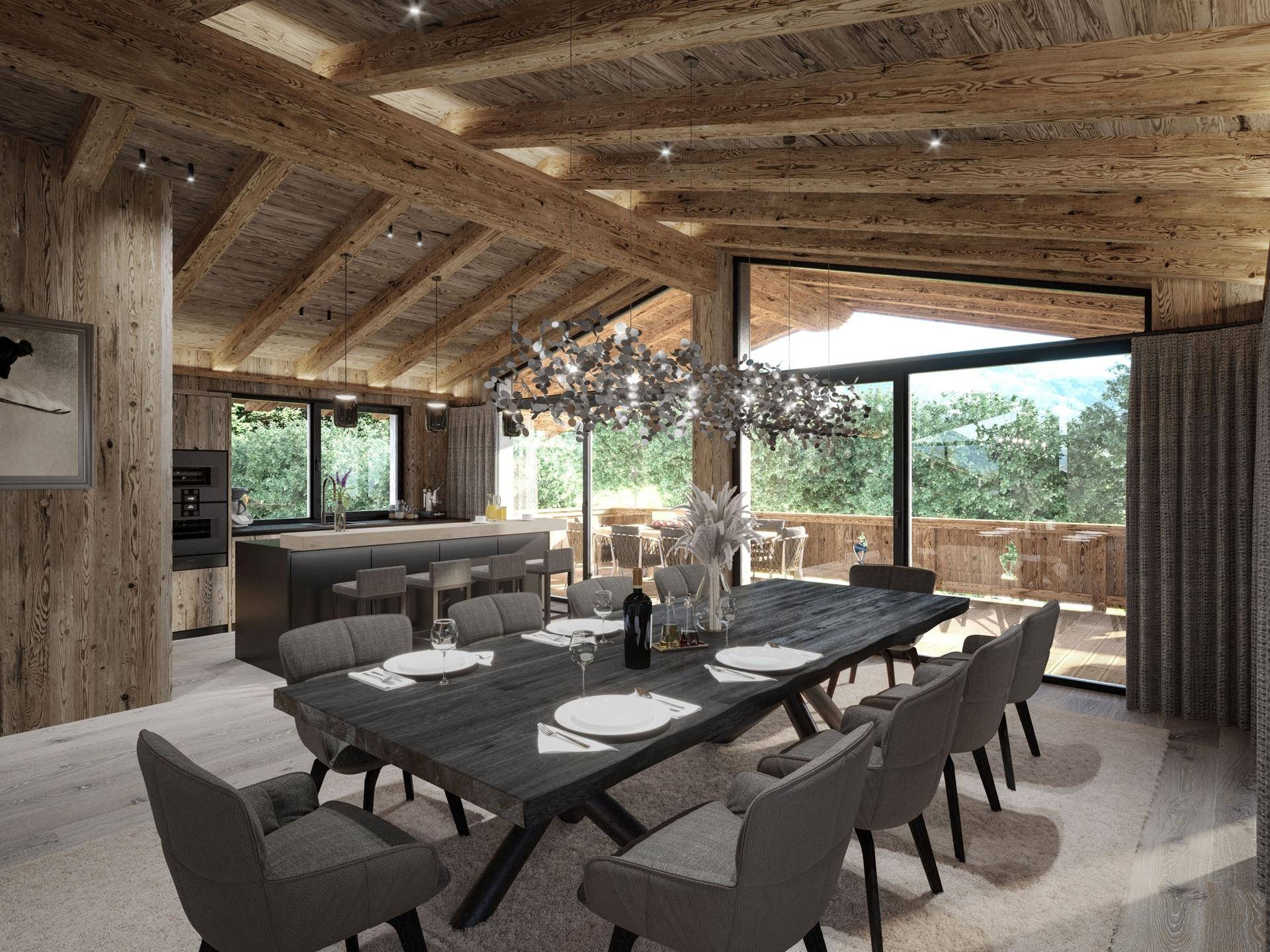 Moderner Essbereich in einem luxuriösen Chalet mit Holzbalken, großen Fenstern und Bergblick.