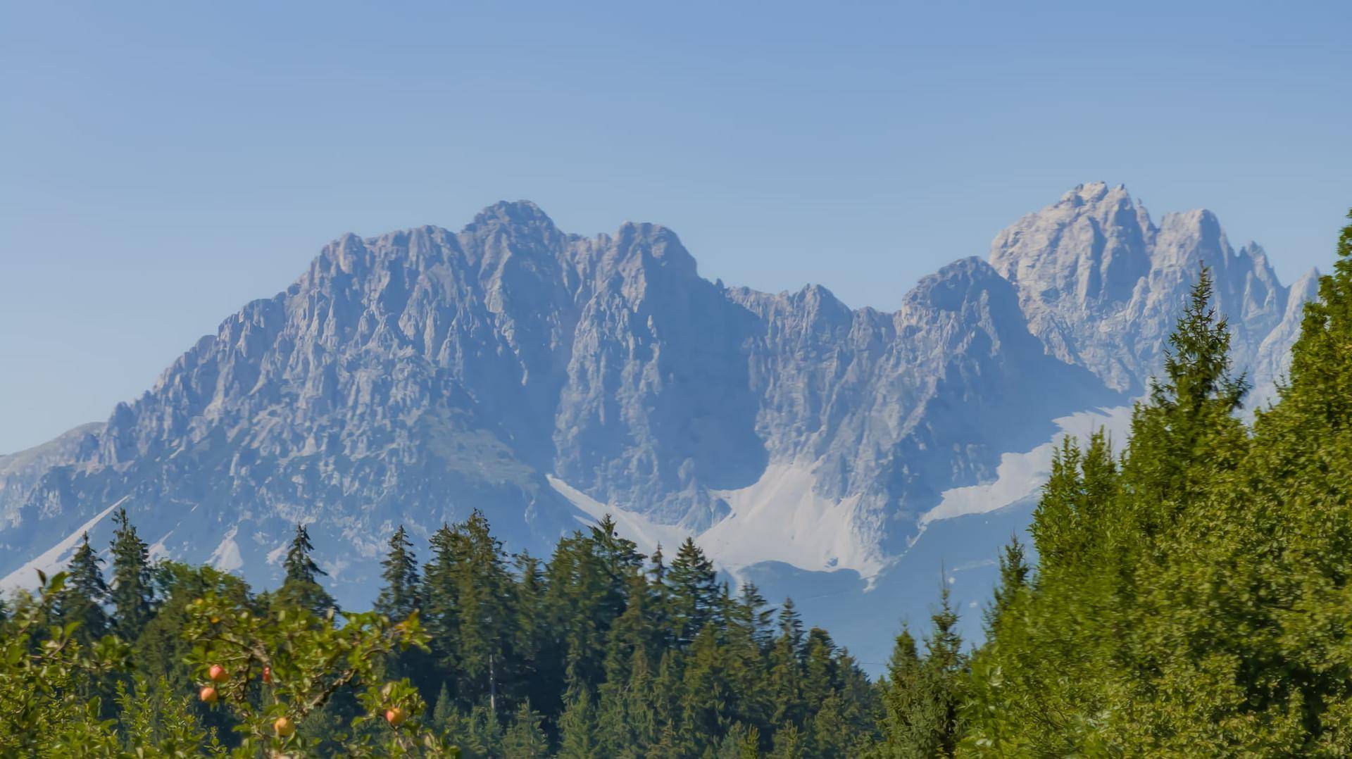 Majestätische, felsige Bergkette unter klarem blauem Himmel, umrahmt von grünen Baumwipfeln.