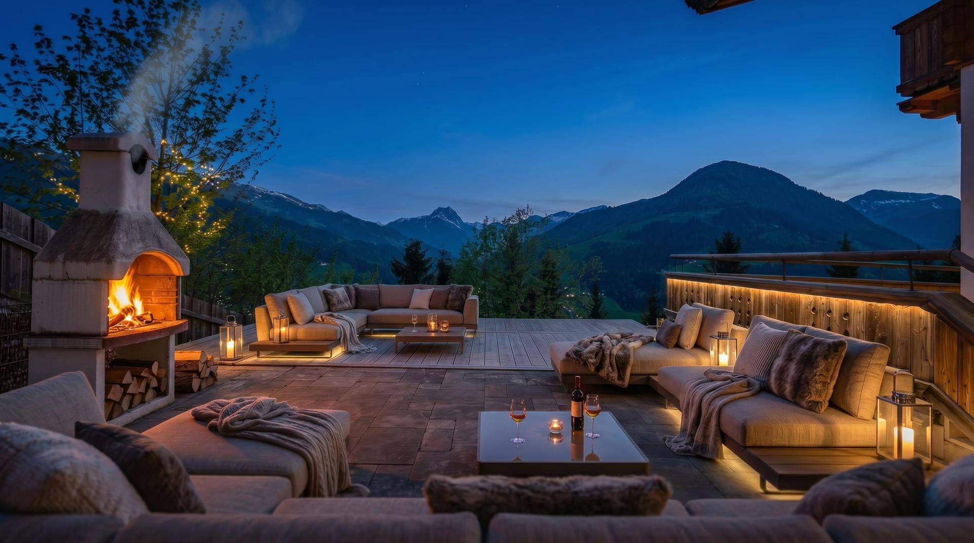 Eine luxuriöse Terrasse bei Nacht mit gemütlichen Sitzgelegenheiten, einem Kamin und atemberaubendem Bergblick.