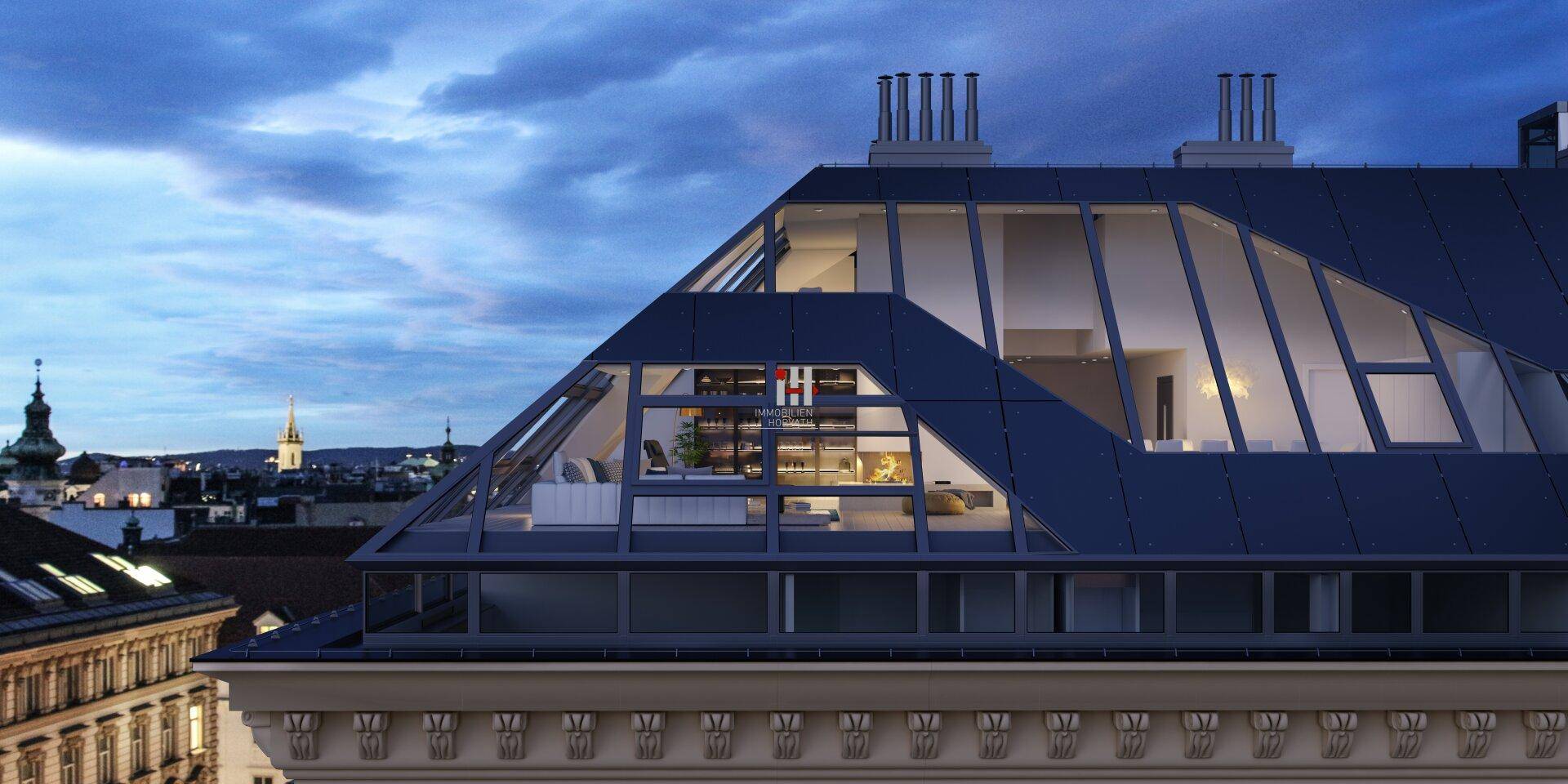 Moderne Dachgeschossarchitektur mit großen Glasflächen und Blick auf die Stadt bei Dämmerung.