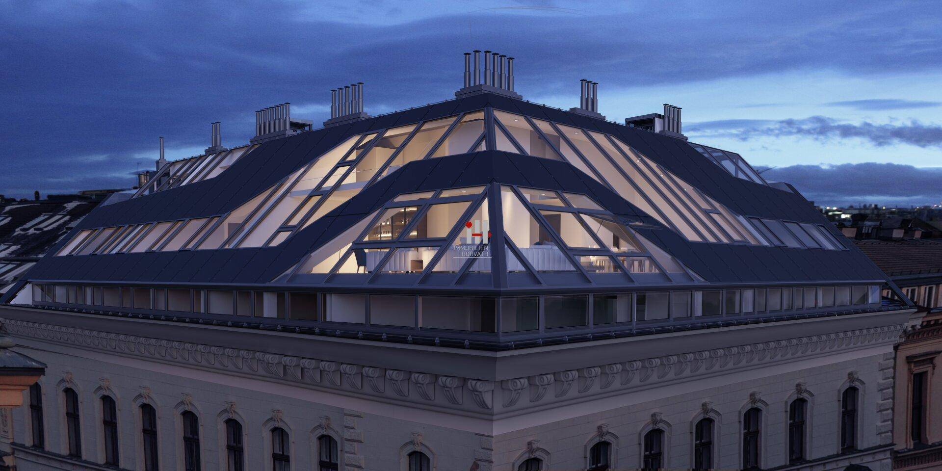 Elegante Dachgeschossarchitektur mit umfangreicher Verglasung und beleuchteten Innenräumen bei Nacht.