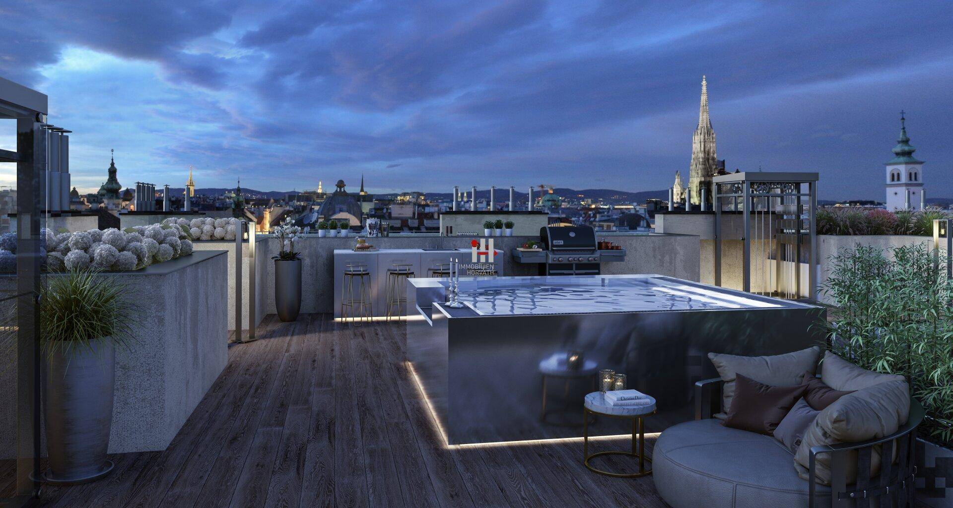 Geräumige Dachterrasse mit Whirlpool, Grillbereich und Lounge-Möbeln mit Stadtblick.