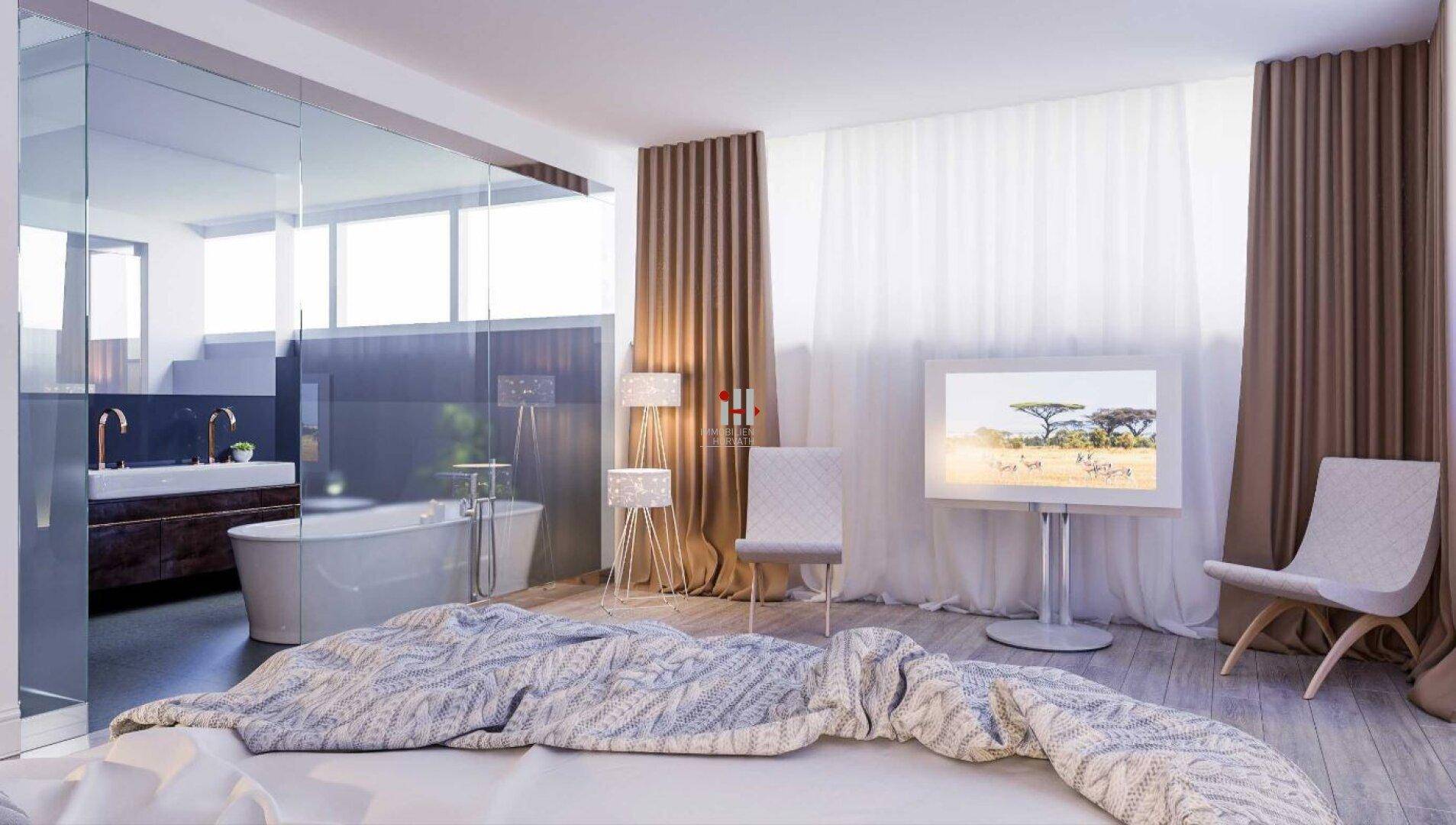 Luxuriöses Schlafzimmer mit integriertem Bad, freistehender Badewanne und eleganten Vorhängen.