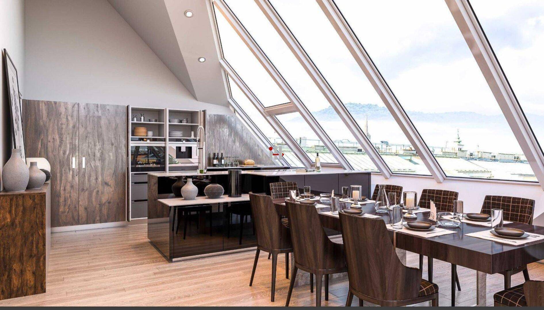 Moderne Wohnküche mit Essbereich, hochwertigen Geräten und großen Dachfenstern mit Ausblick.