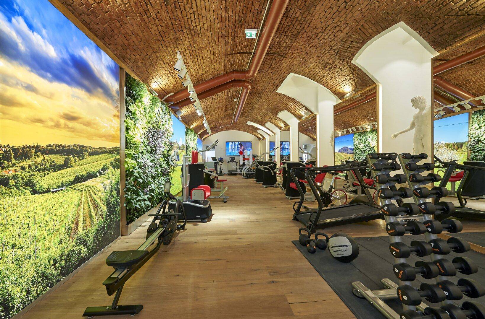 Moderner Fitnessraum mit Ziegelgewölbe, Holzboden und Wandbildern von Naturlandschaften.