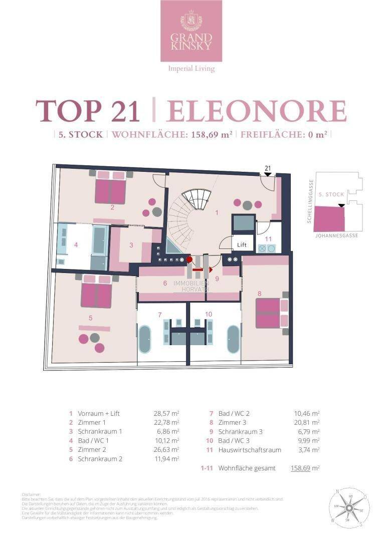 Grundriss der 5. Etage mit drei Schlafzimmern, drei Bädern und Schrankräumen.