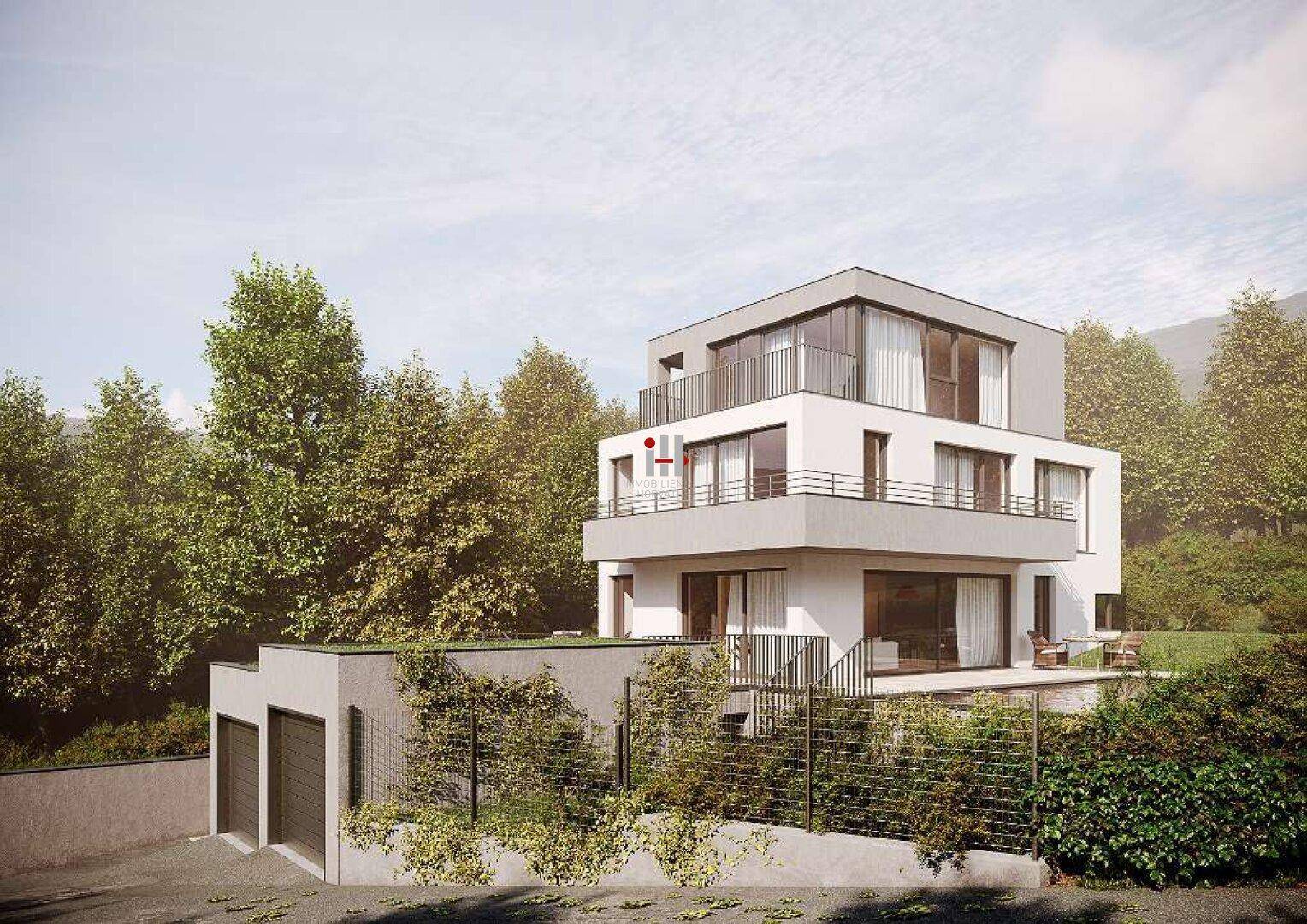 Moderne Villa mit klaren Linien, großen Fensterfronten und integrierter Garage.