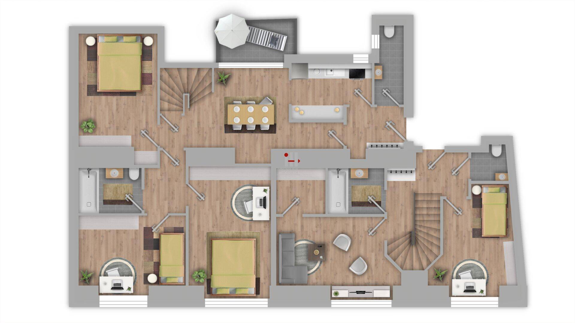 Detaillierter Grundrissplan einer Wohnung mit offenem Wohn-Essbereich, drei Schlafzimmern und einer Dachterrasse.