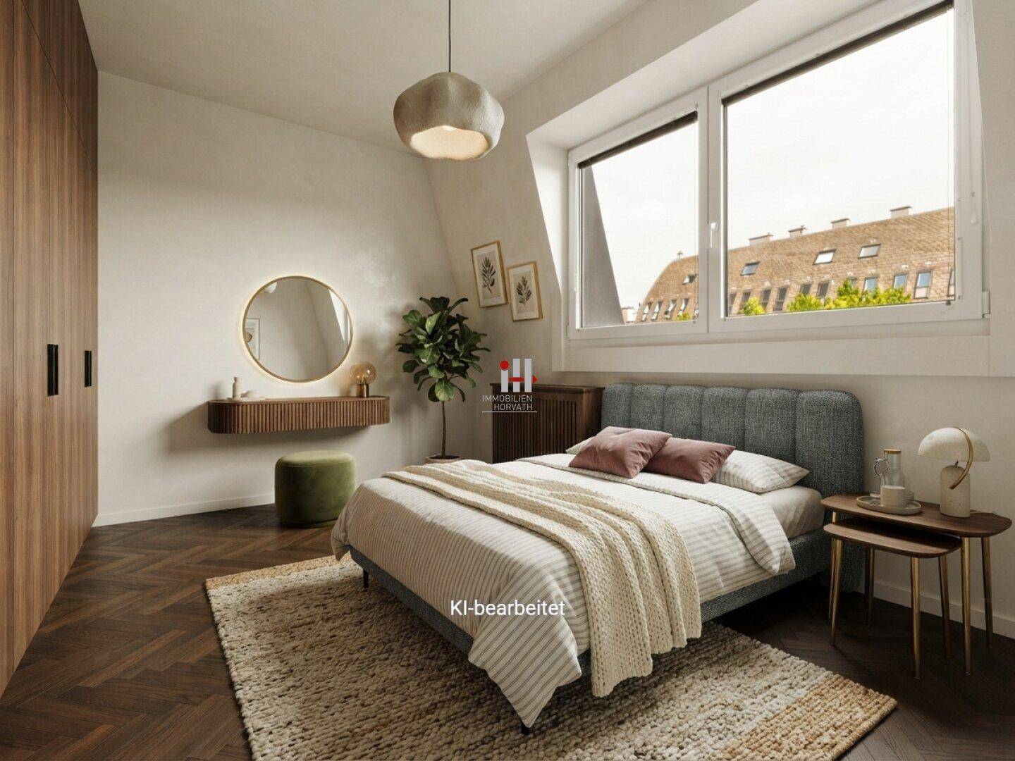 Modernes Schlafzimmer mit Holzboden, großem Fenster und stilvoller Einrichtung.