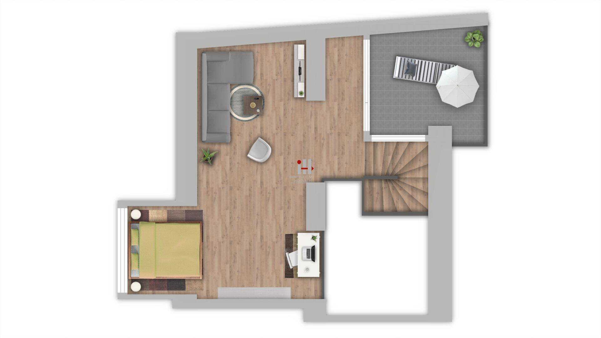 Grundriss der oberen Etage mit Wohnbereich, Schlafzimmer und Dachterrasse.