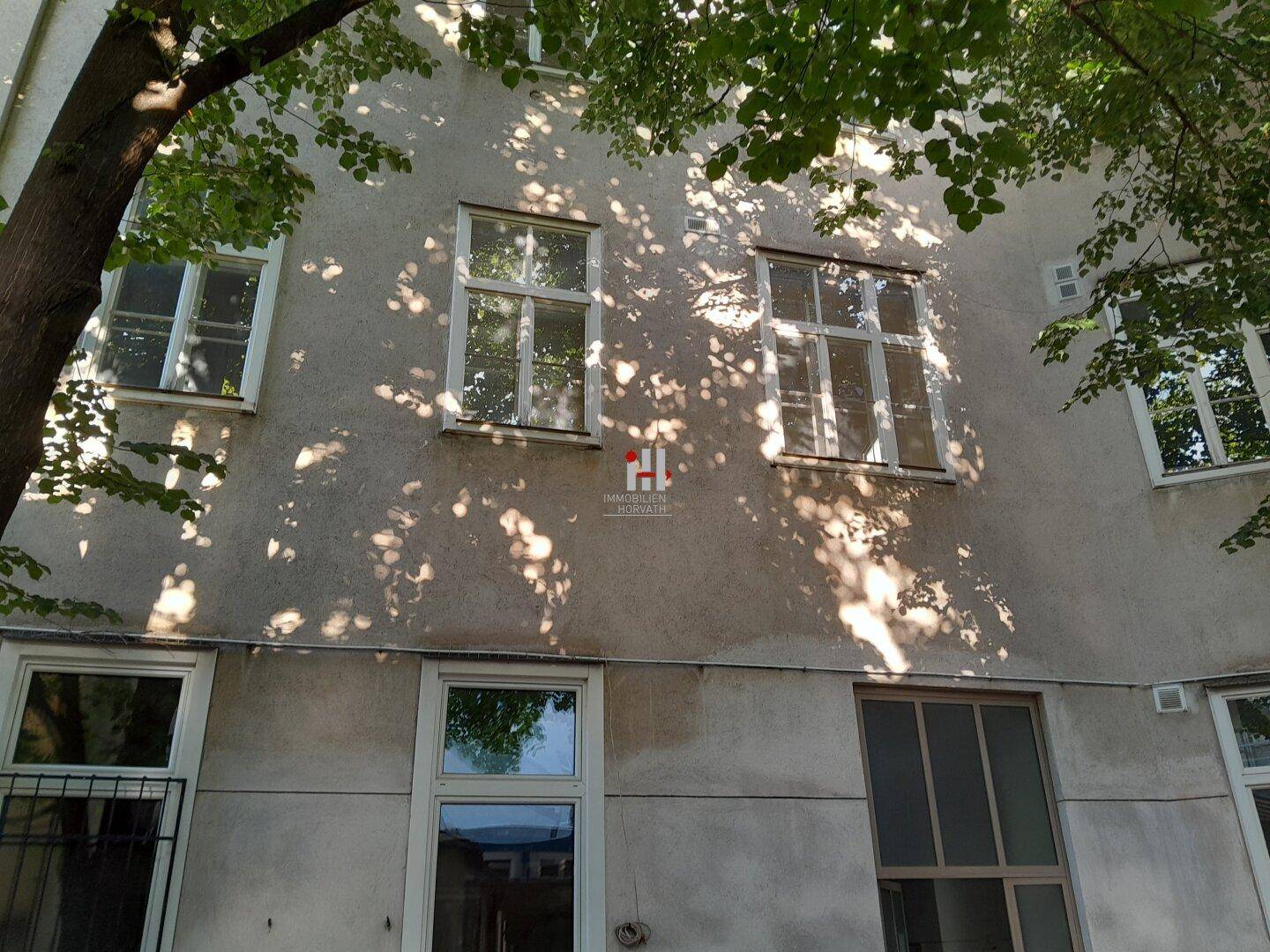 Rückseite eines Gebäudes mit mehreren Fenstern und Bäumen, die Schatten auf die Fassade werfen.