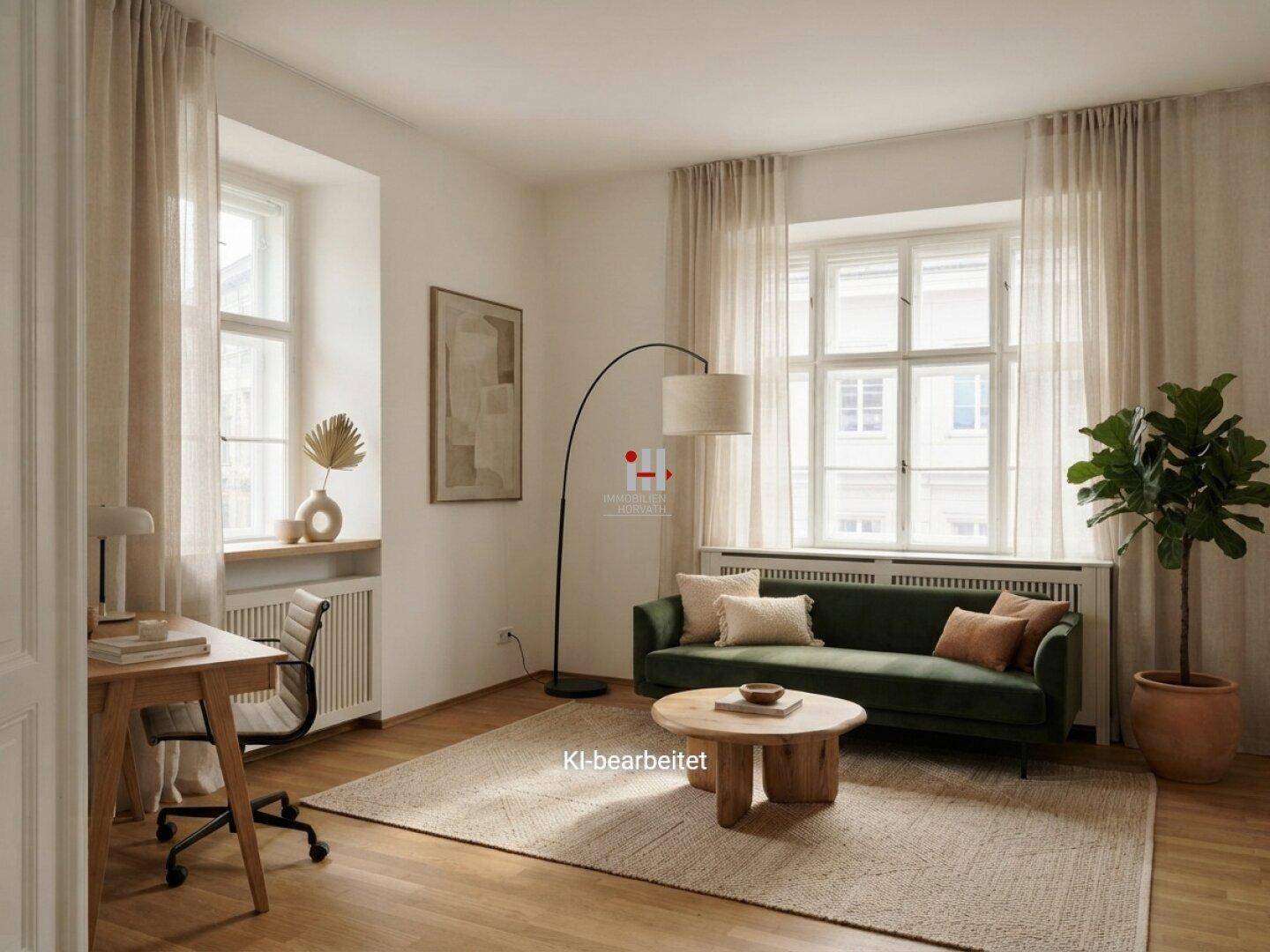 Gemütliches Wohnzimmer mit zwei großen Fenstern, Parkettboden und einem grünen Sofa mit Beistelltisch.