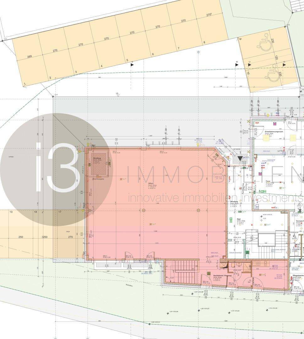 Detaillierter Grundrissplan mit Raumaufteilung und angrenzenden Parkflächen, inklusive barrierefreier Zugänge.