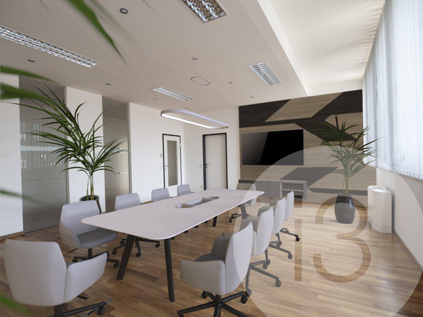 Geräumiger Konferenzraum mit elegantem Holzboden, modernen Möbeln und dekorativen Pflanzen, ideal für Besprechungen.