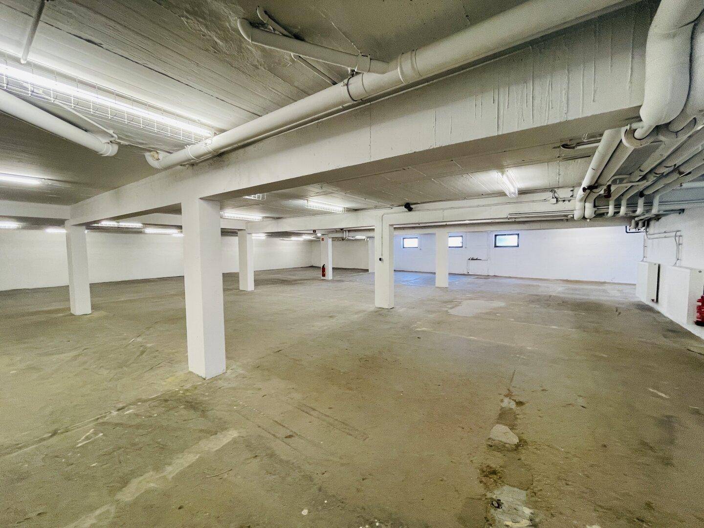 Weitläufiger Kellerraum mit Betonboden, tragenden Säulen und freiliegenden Deckeninstallationen.